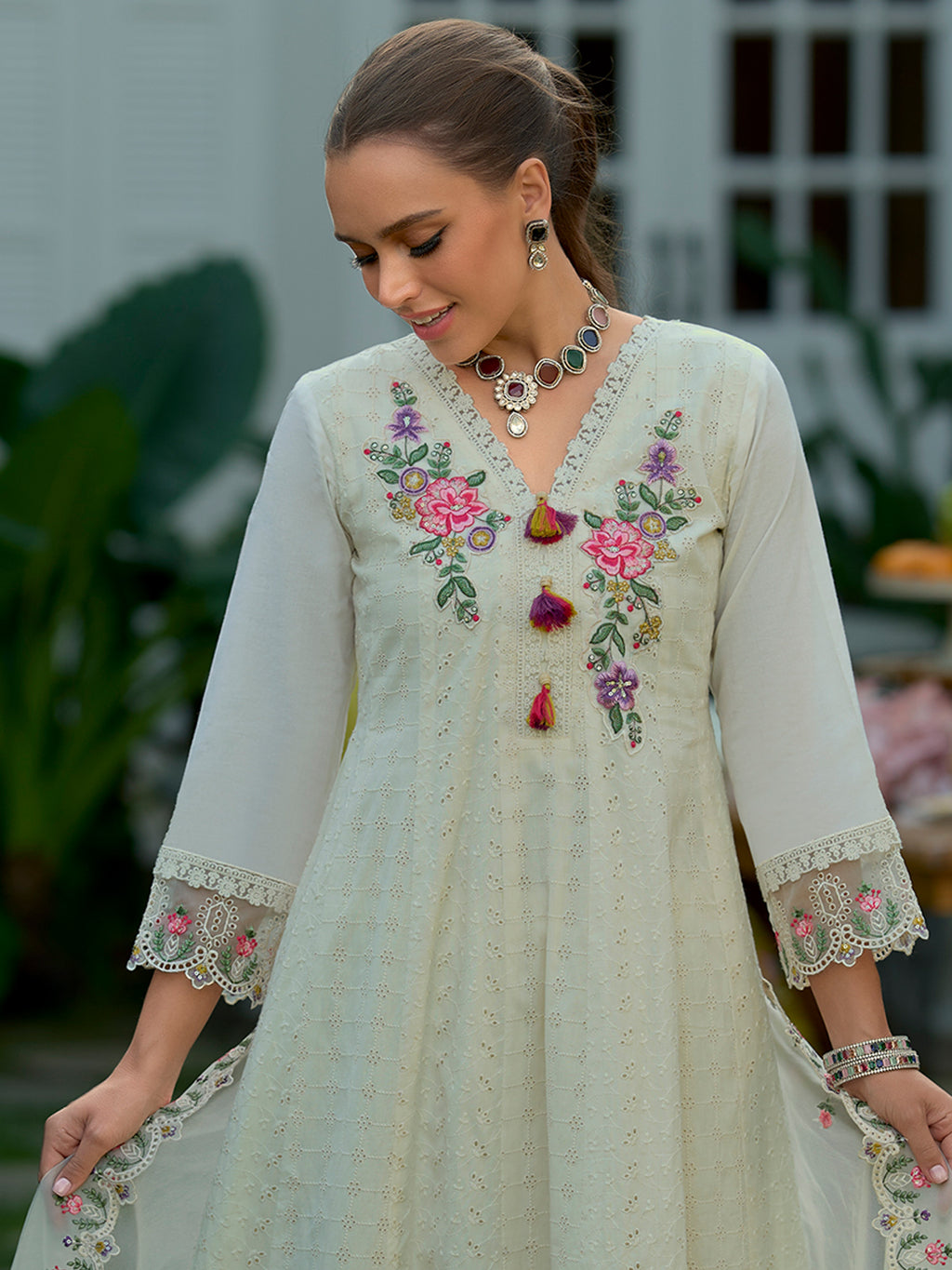 Indo Era Off White Embroidered Anarkali Kurta Trousers With Dupatta Set- IE