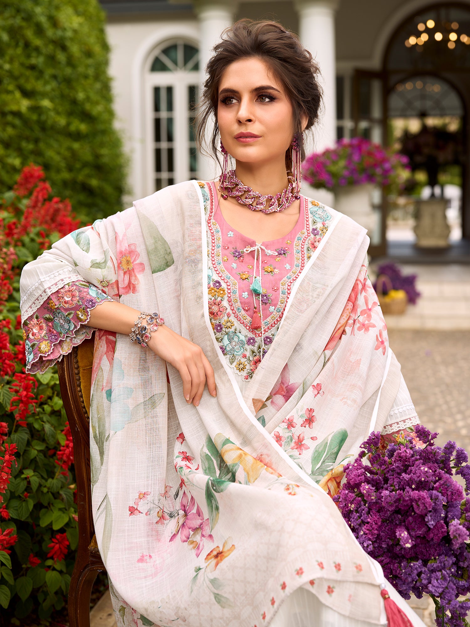 Indo Era Off White Embroidered Anarkali Kurta Trousers With Dupatta Set- IE