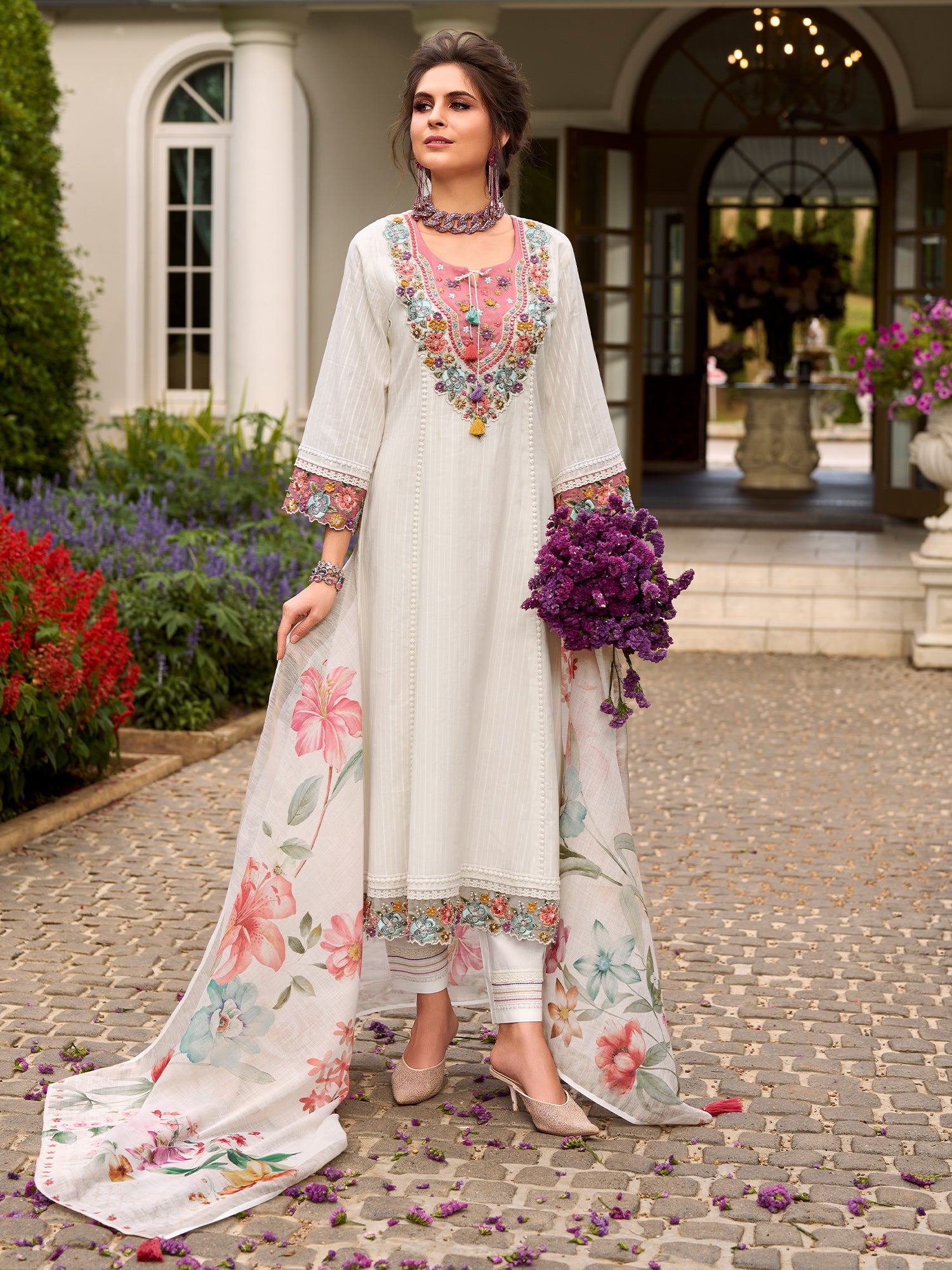 Indo Era Off White Embroidered Anarkali Kurta Trousers With Dupatta Set- IE