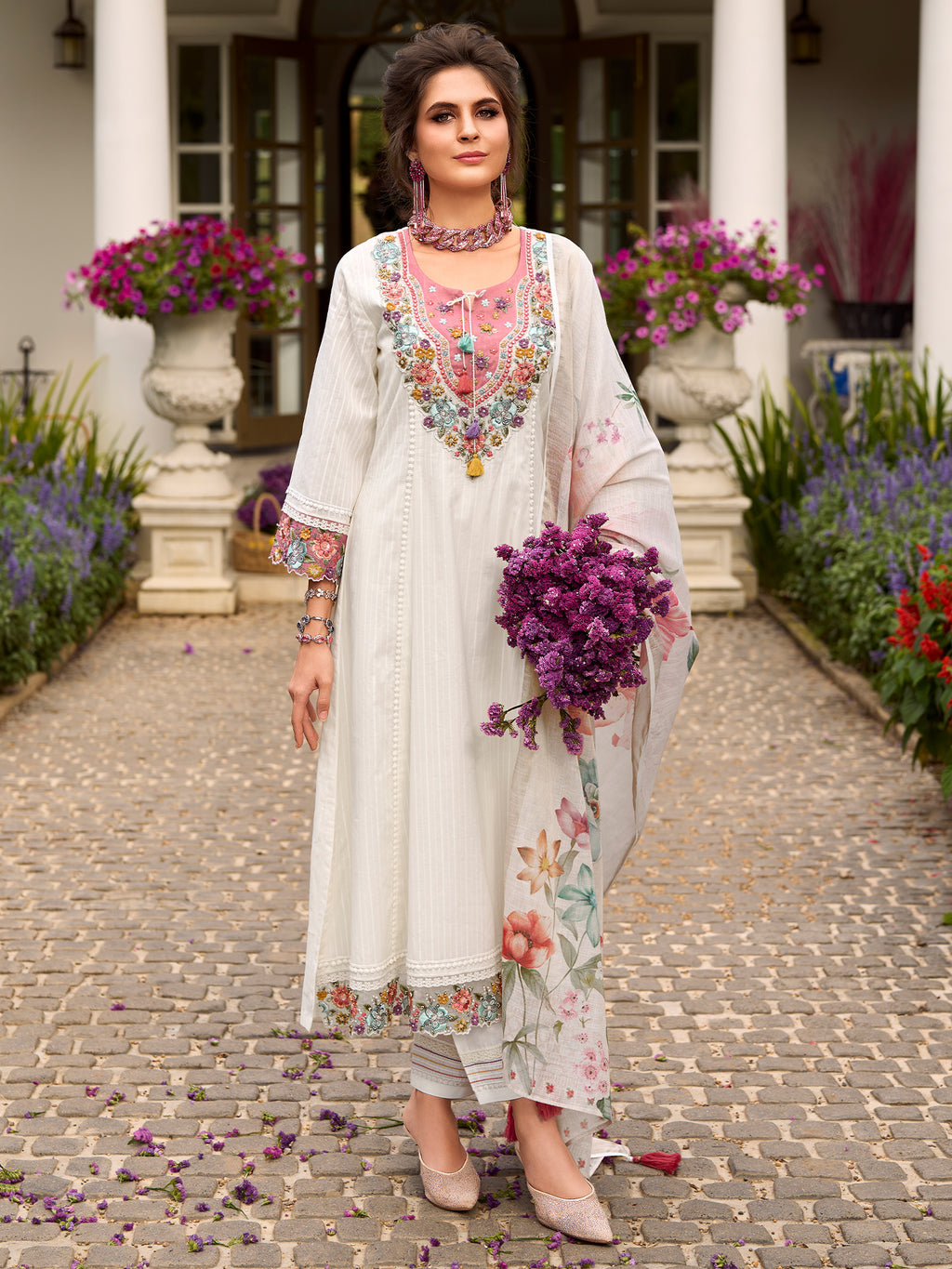Indo Era Off White Embroidered Anarkali Kurta Trousers With Dupatta Set- IE