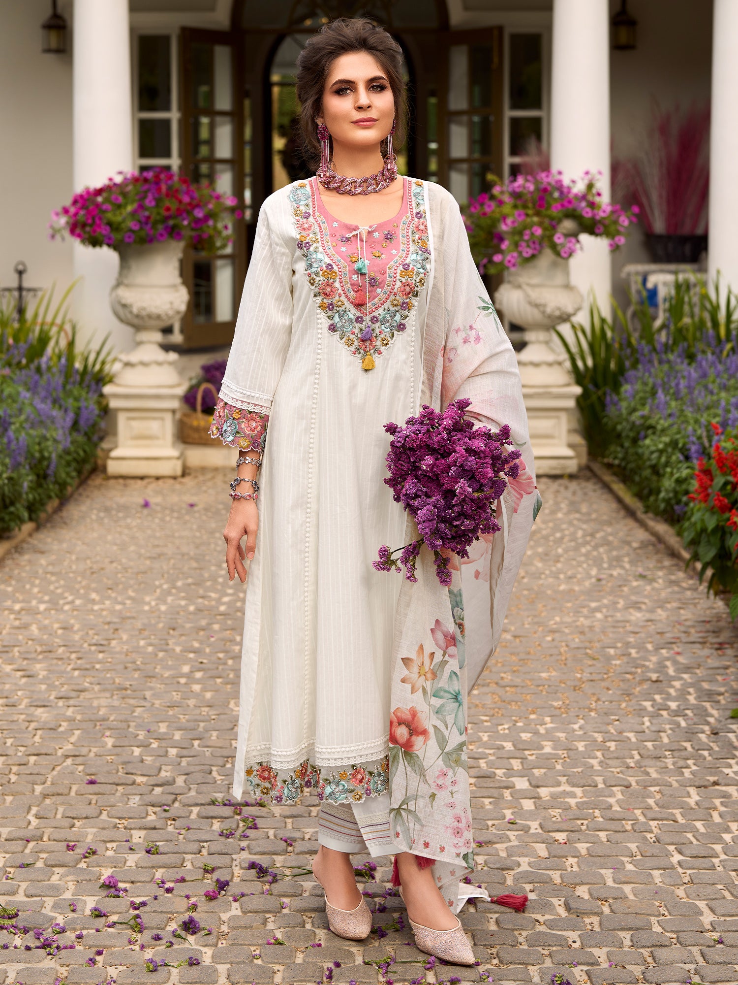 Indo Era Off White Embroidered Anarkali Kurta Trousers With Dupatta Set- IE