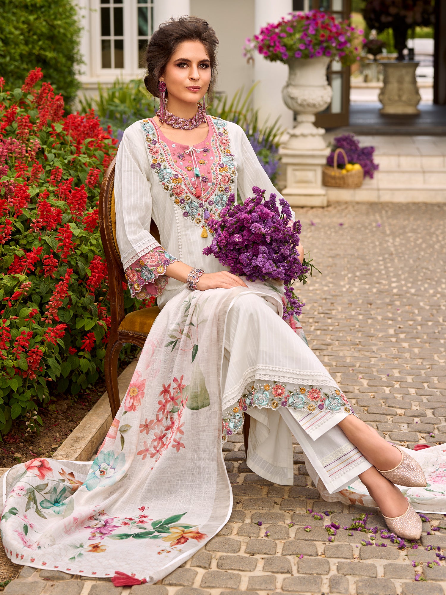 Indo Era Off White Embroidered Anarkali Kurta Trousers With Dupatta Set- IE
