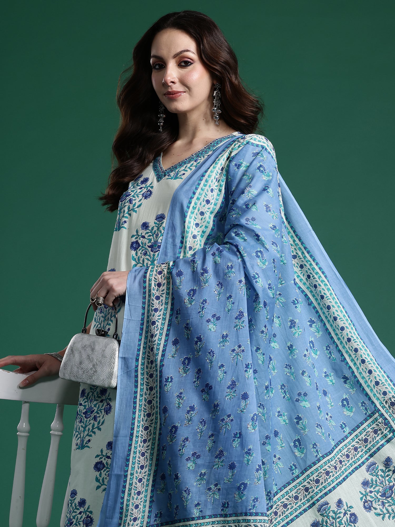 Indo Era Off White Printed Straight Kurta Trousers With Dupatta Set- IE