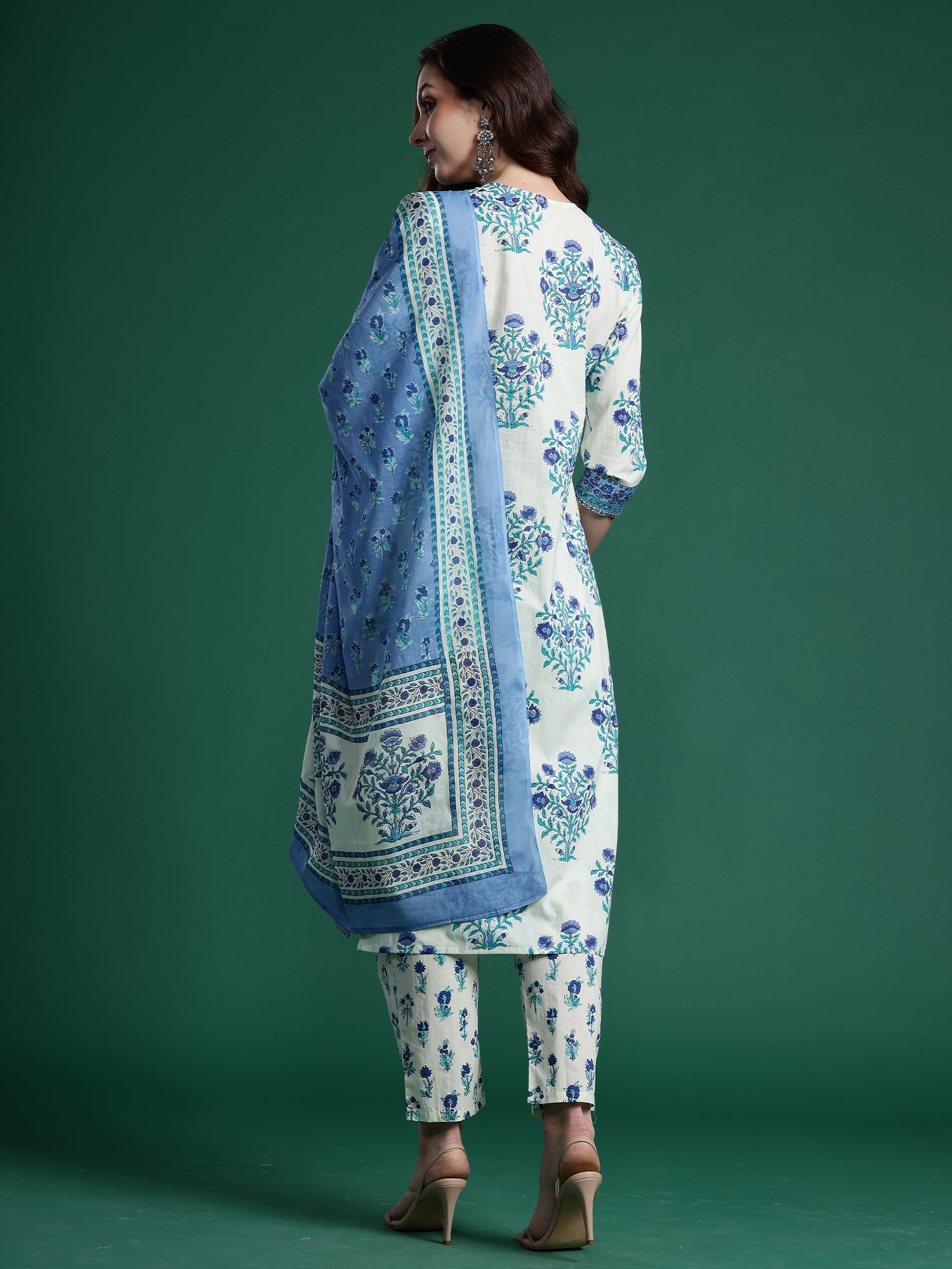 Indo Era Off White Printed Straight Kurta Trousers With Dupatta Set- IE