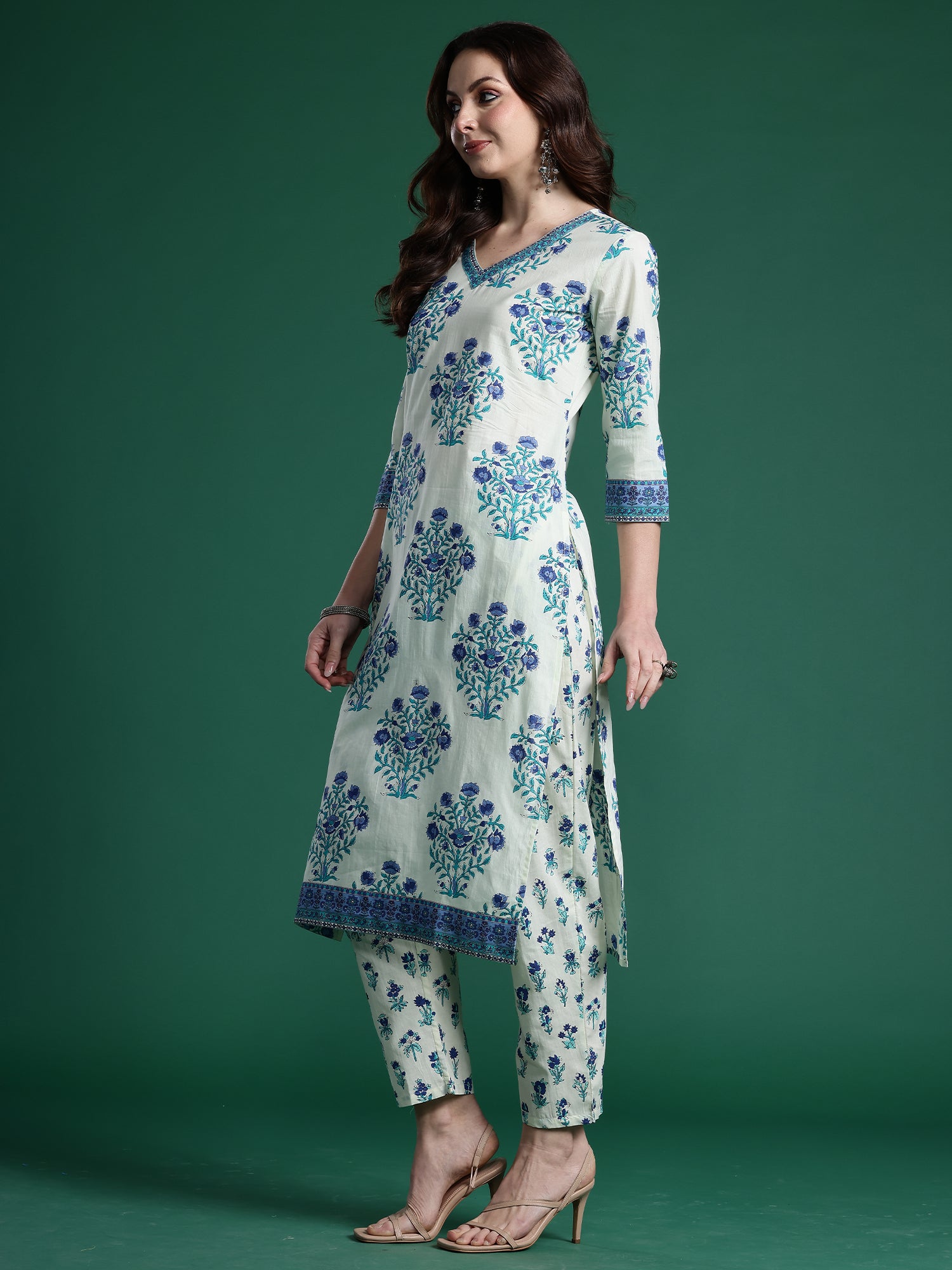 Indo Era Off White Printed Straight Kurta Trousers With Dupatta Set- IE