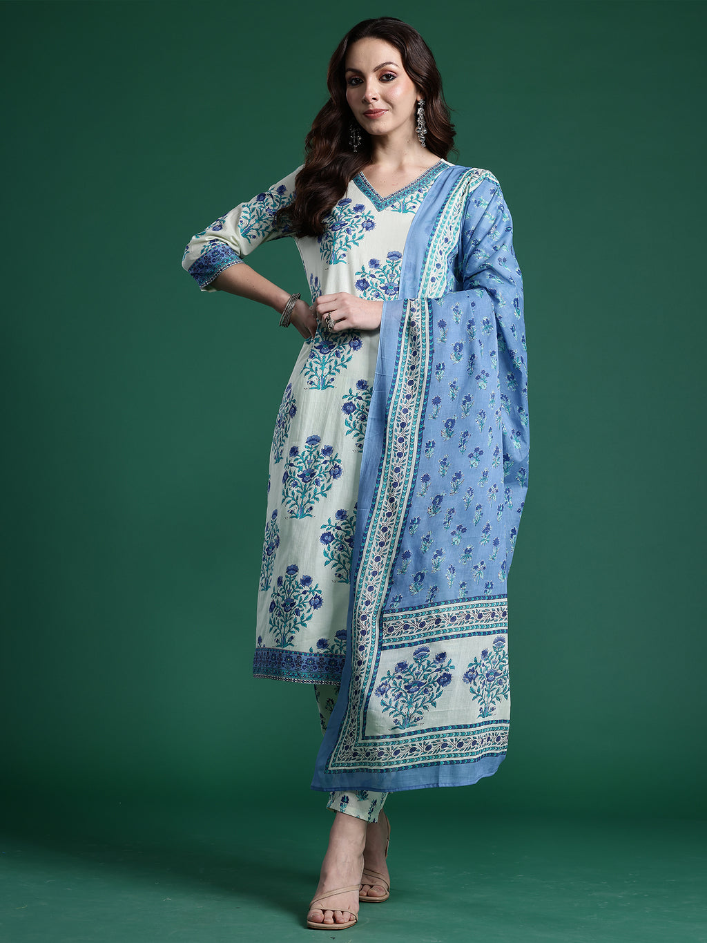 Indo Era Off White Printed Straight Kurta Trousers With Dupatta Set- IE