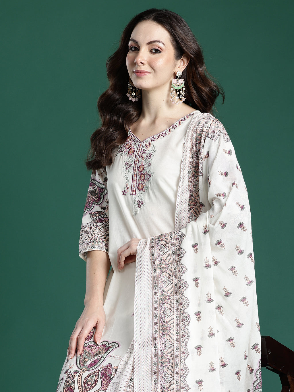 Indo Era Off White Embroidered Straight Kurta Trousers With Dupatta Set- IE