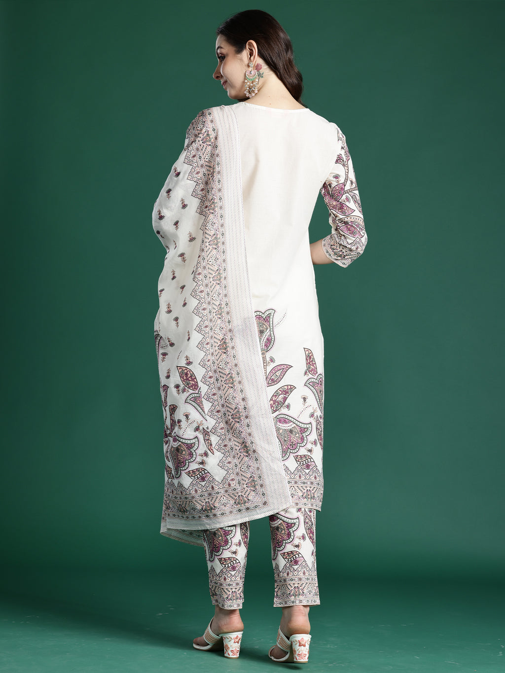 Indo Era Off White Embroidered Straight Kurta Trousers With Dupatta Set- IE