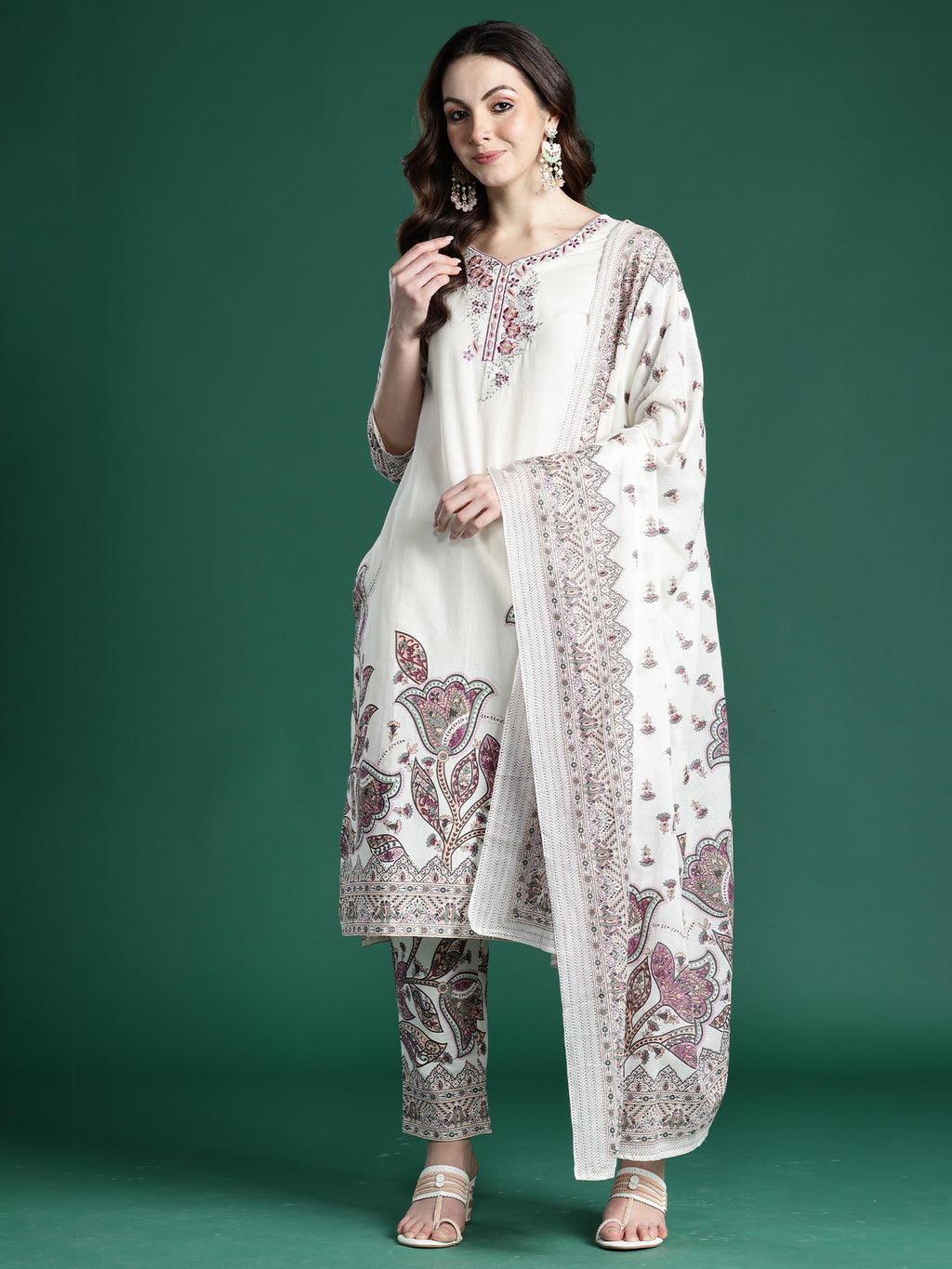 Indo Era Off White Embroidered Straight Kurta Trousers With Dupatta Set- IE