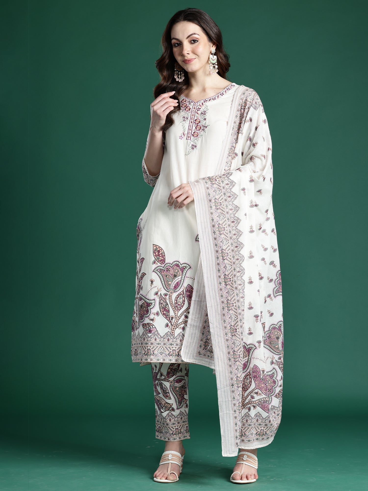 Indo Era Off White Embroidered Straight Kurta Trousers With Dupatta Set- IE