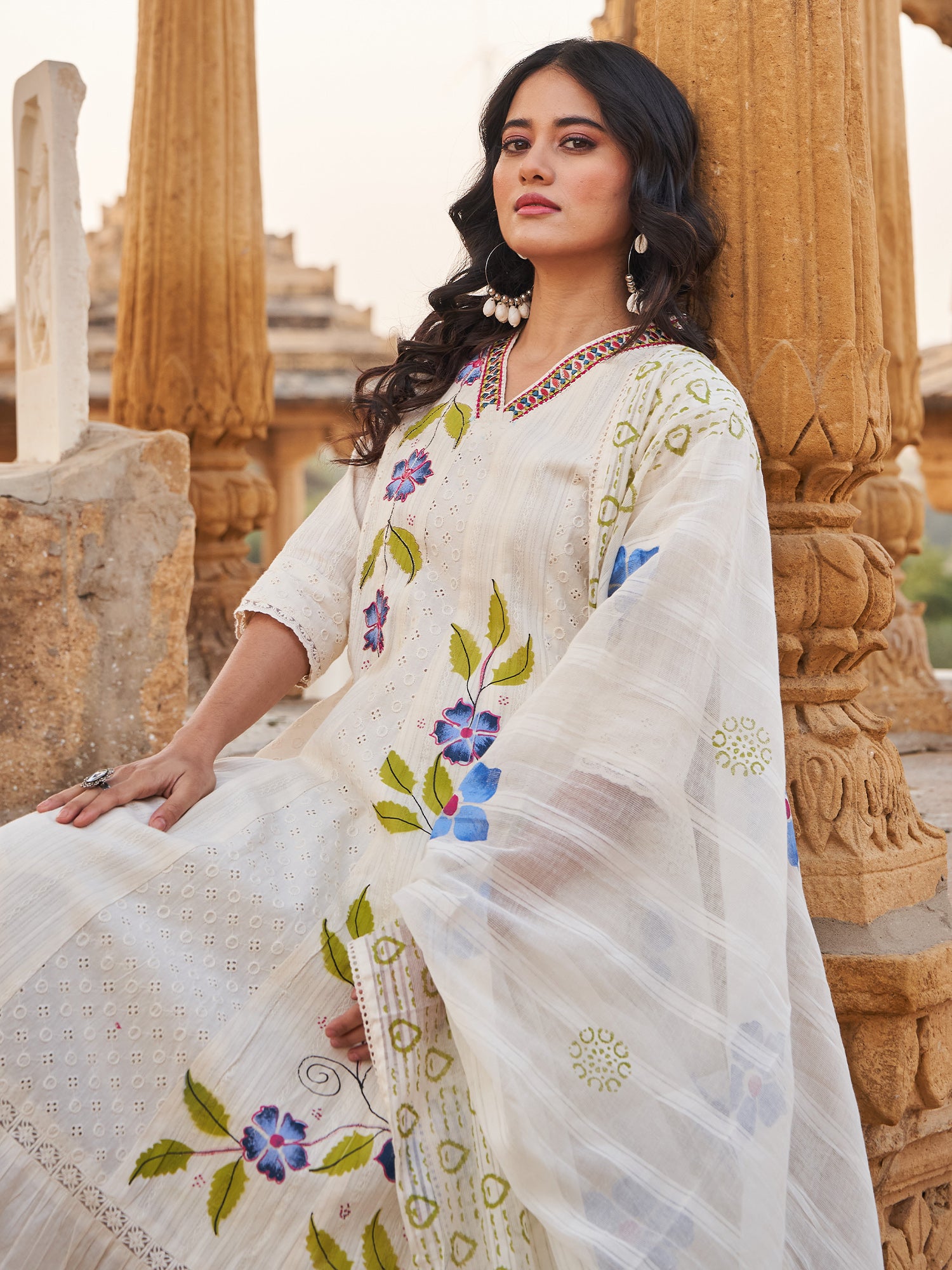 Indo era Off White Embroidered A-Line Kurta Trousers With Dupatta Set- IE