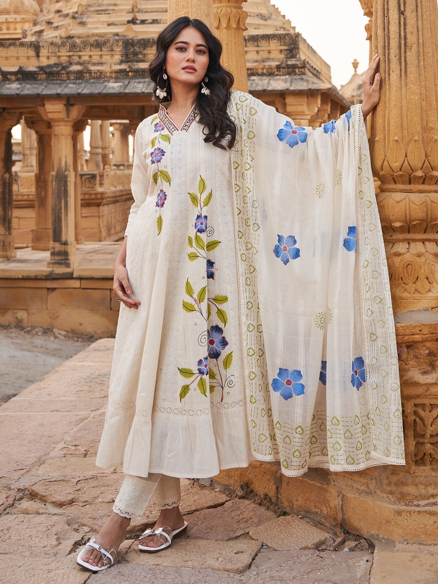 Indo era Off White Embroidered A-Line Kurta Trousers With Dupatta Set- IE
