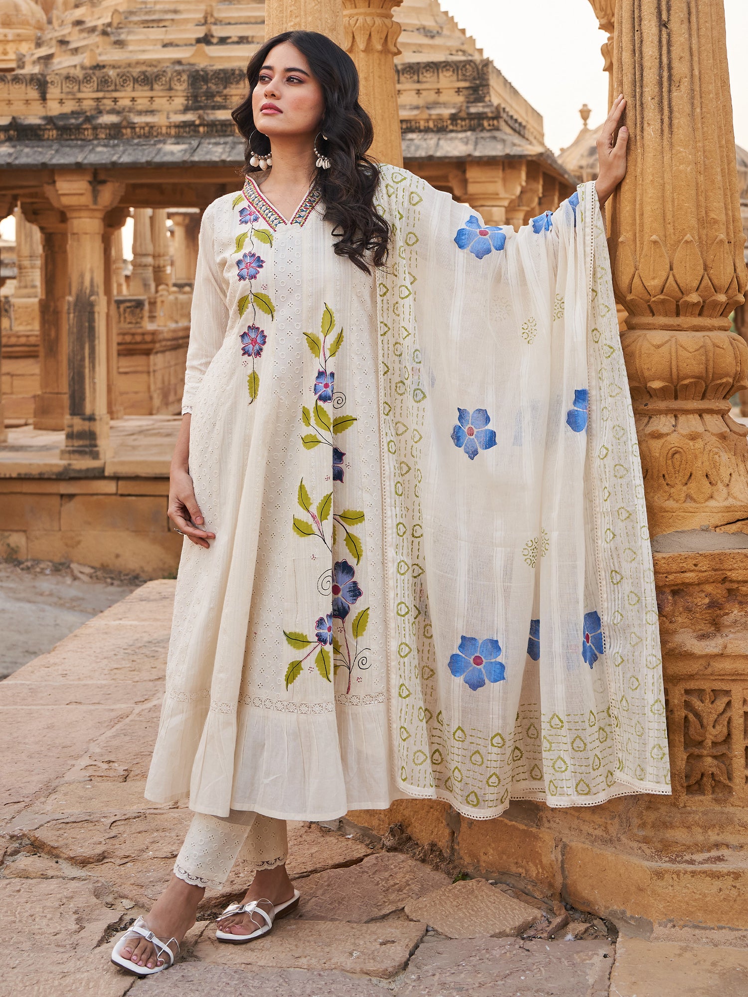Indo era Off White Embroidered A-Line Kurta Trousers With Dupatta Set- IE
