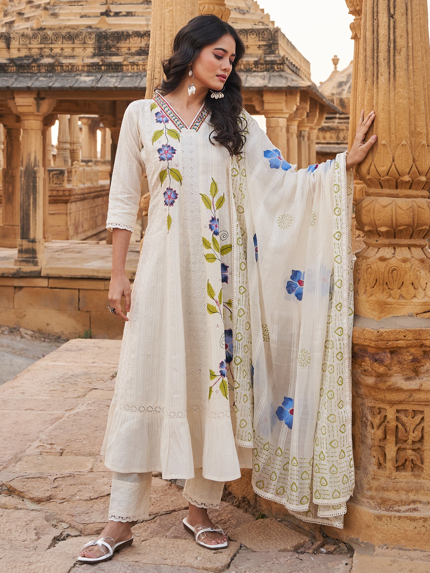 Indo era Off White Embroidered A-Line Kurta Trousers With Dupatta Set- IE