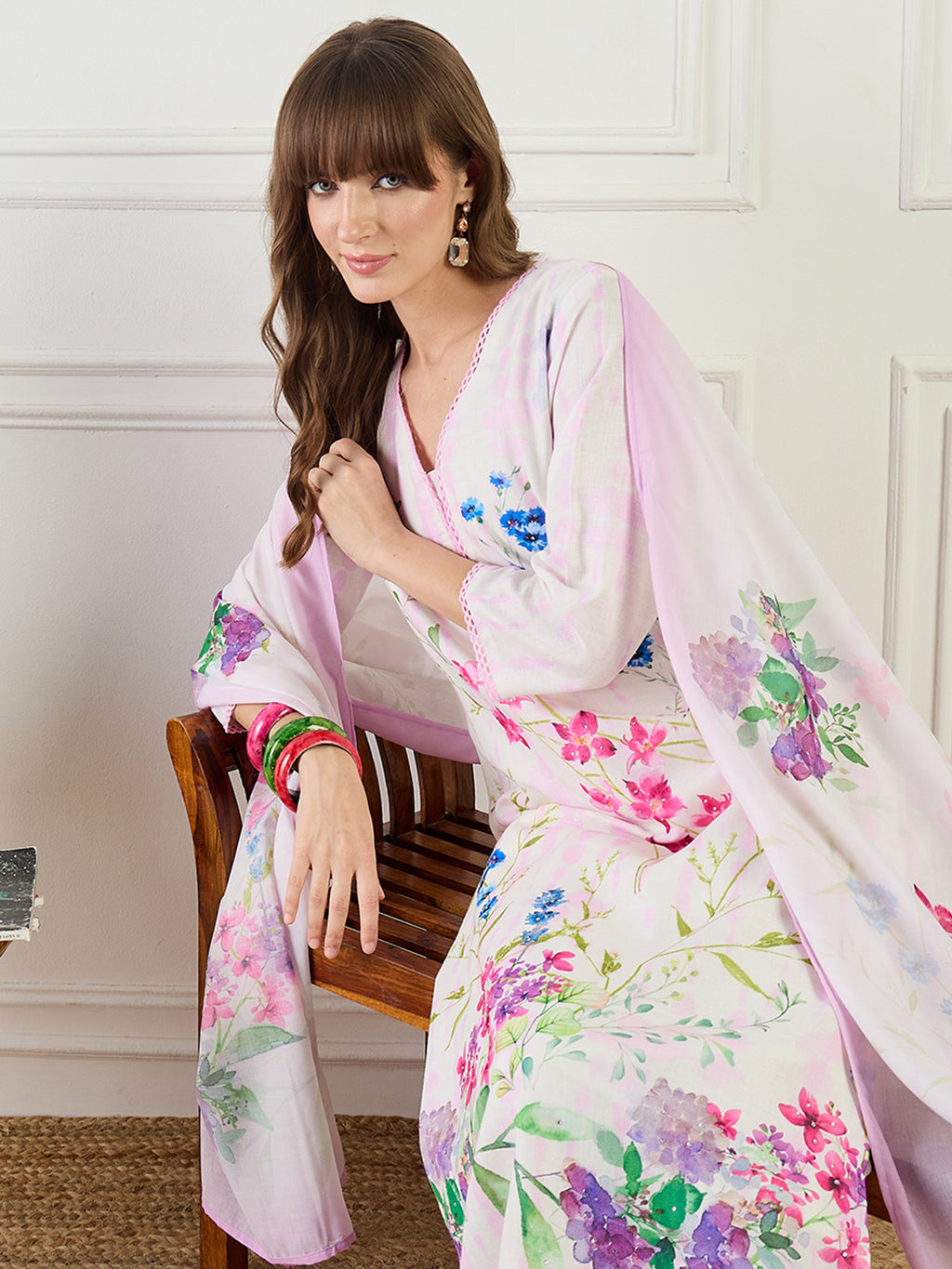 Indo Era Off White Printed Straight Kurta Trousers With Dupatta Set- IE