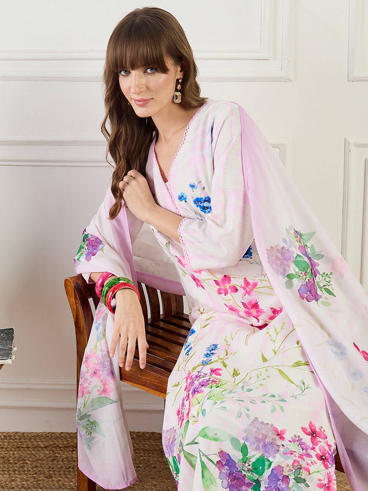 Indo Era Off White Printed Straight Kurta Trousers With Dupatta Set- IE