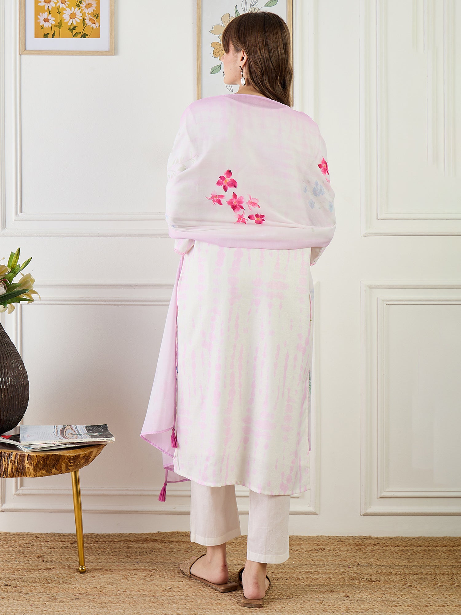 Indo Era Off White Printed Straight Kurta Trousers With Dupatta Set- IE