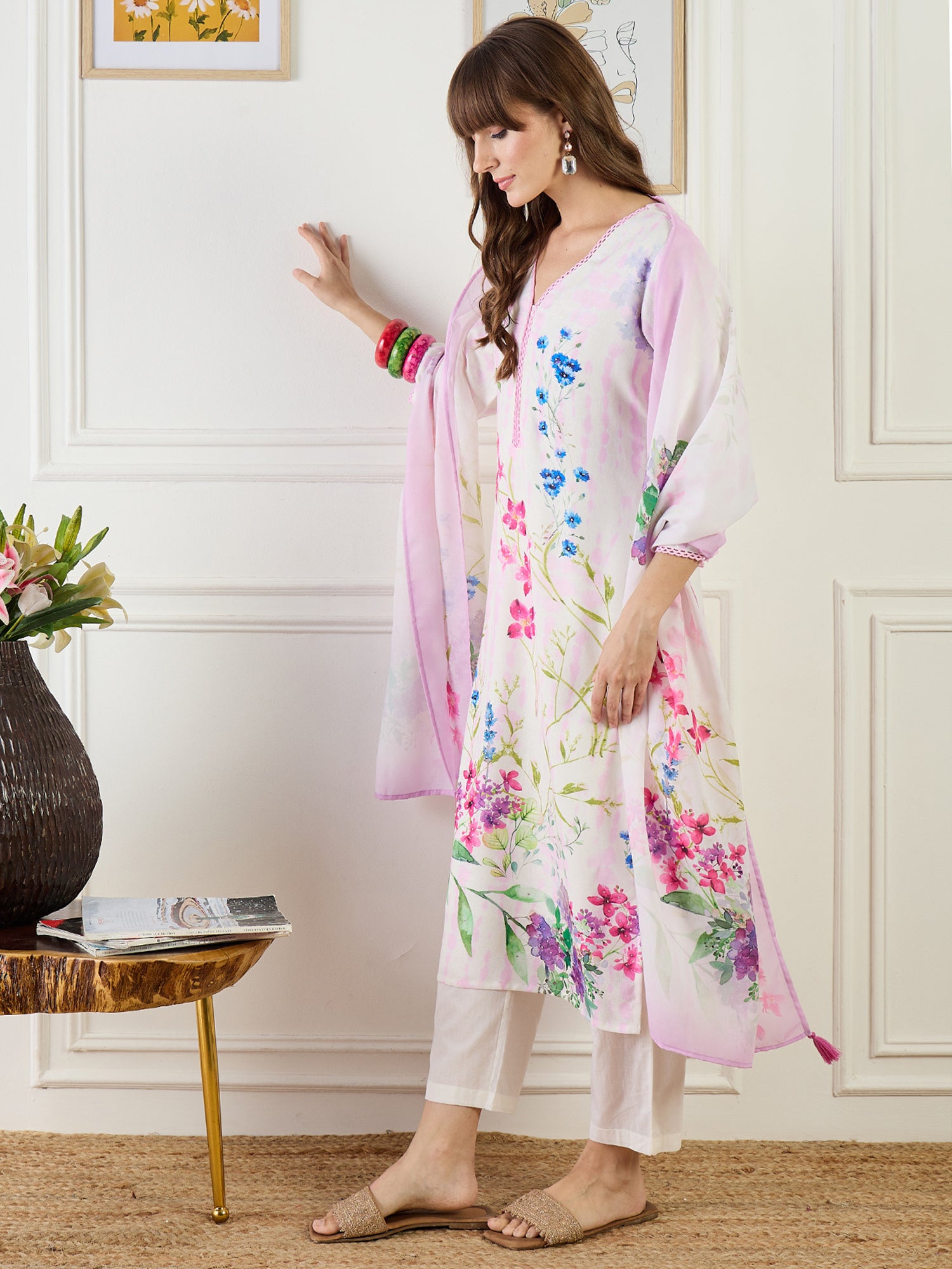 Indo Era Off White Printed Straight Kurta Trousers With Dupatta Set- IE