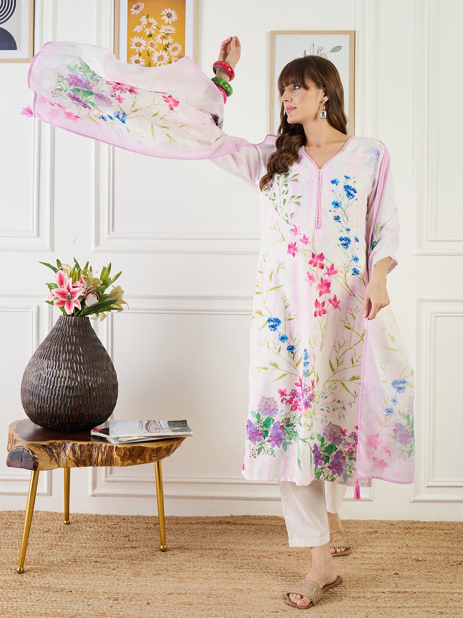 Indo Era Off White Printed Straight Kurta Trousers With Dupatta Set- IE