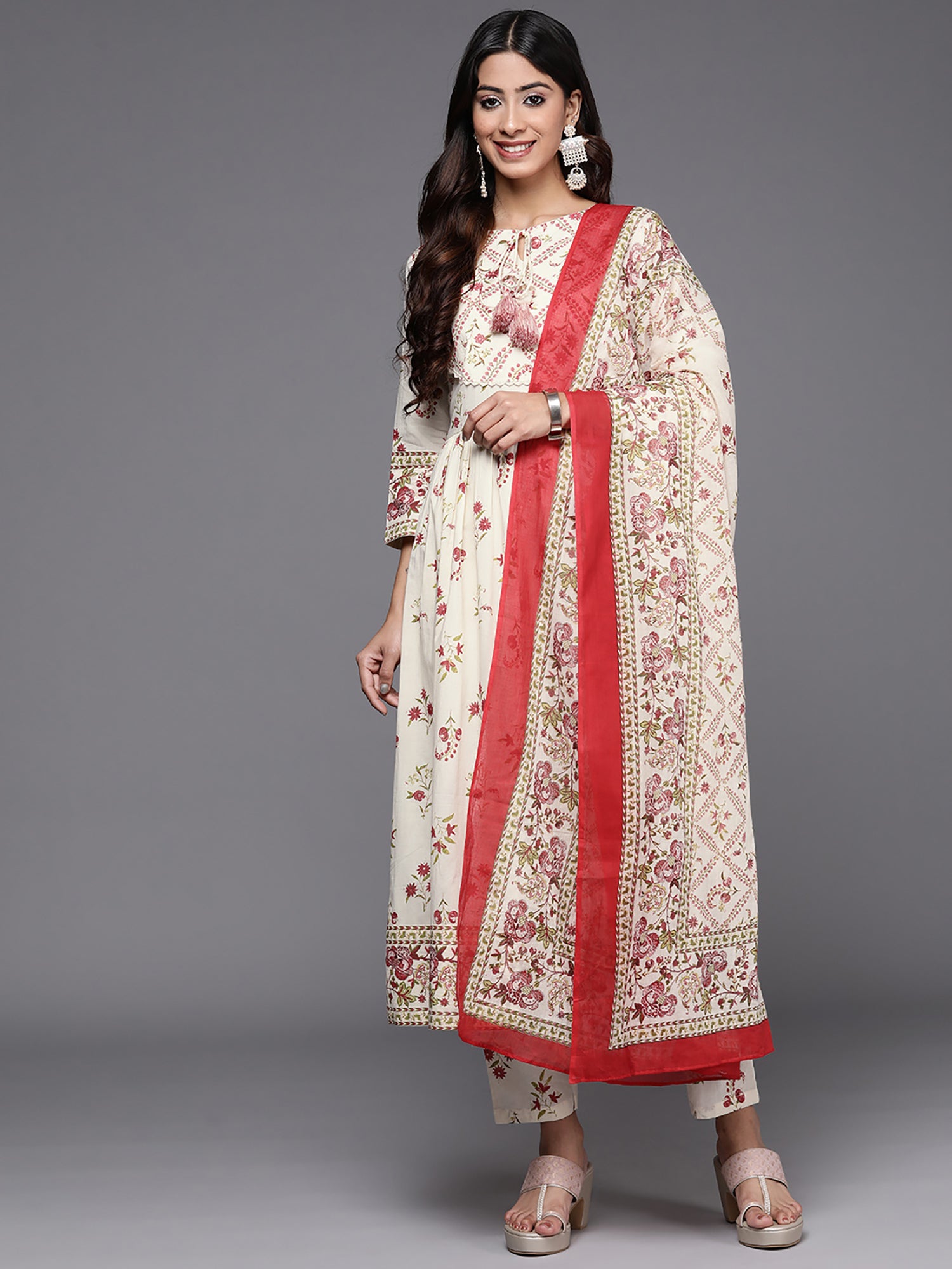 Off White Printed A-Line Kurta Trousers With Dupatta Set