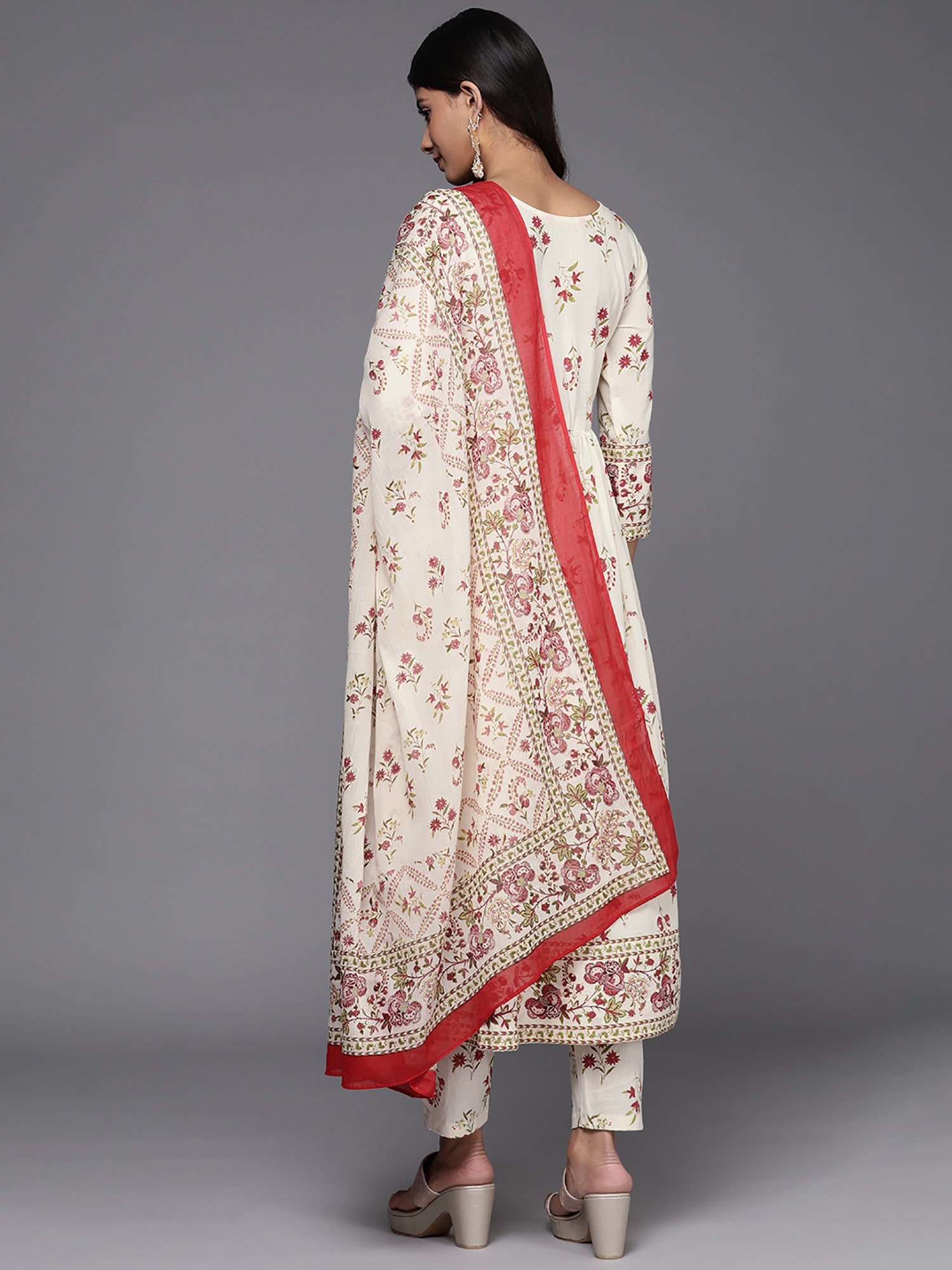 Off White Printed A-Line Kurta Trousers With Dupatta Set