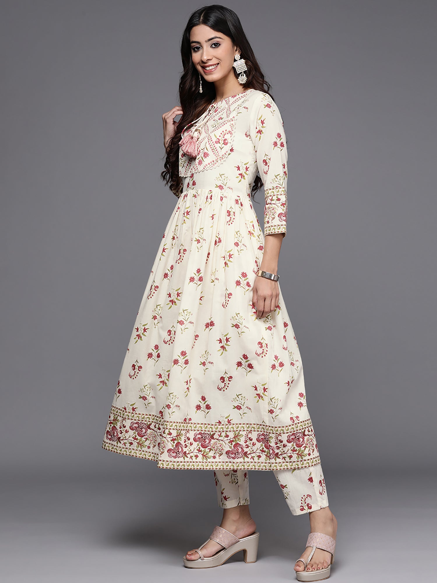 Off White Printed A-Line Kurta Trousers With Dupatta Set