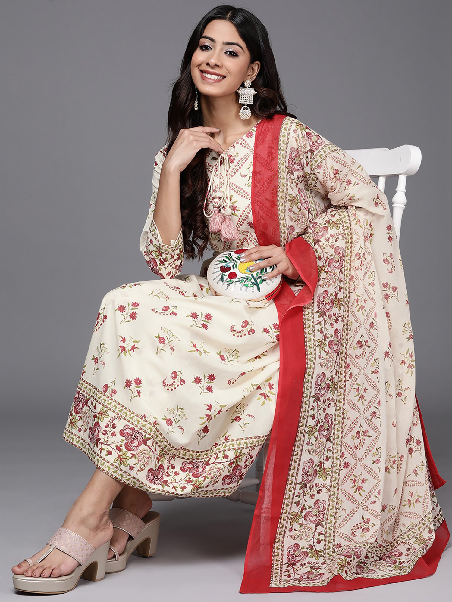 Off White Printed A-Line Kurta Trousers With Dupatta Set