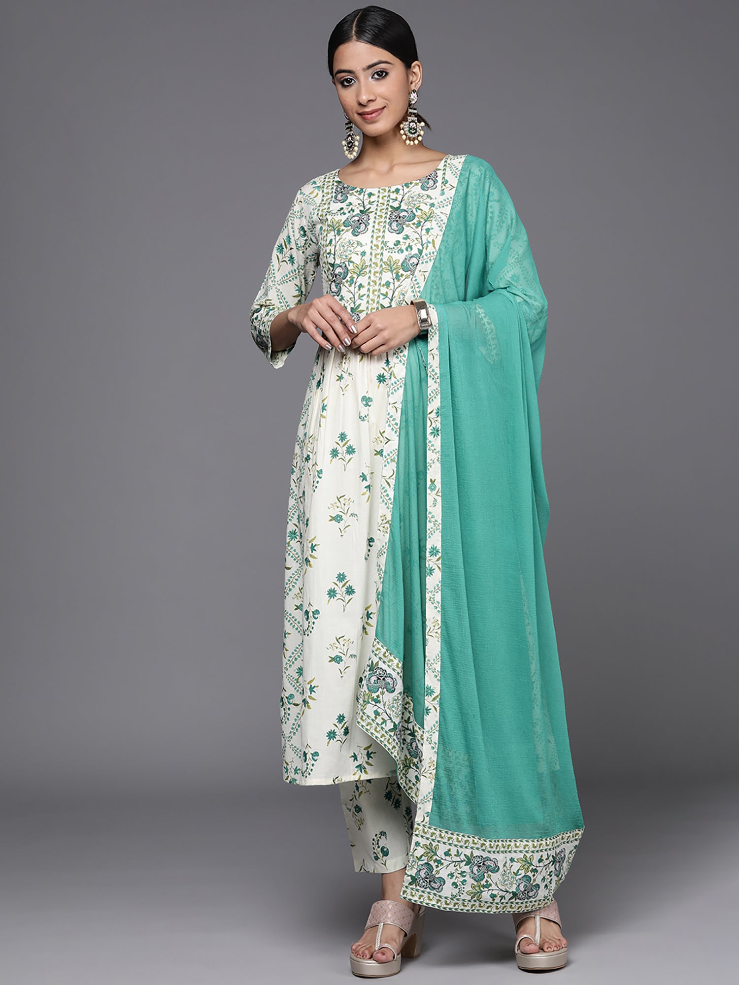 Off White Printed A-Line Kurta Trousers With Dupatta Set