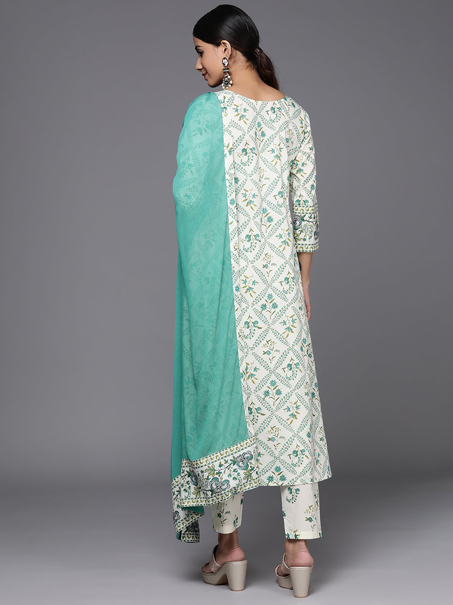 Off White Printed A-Line Kurta Trousers With Dupatta Set