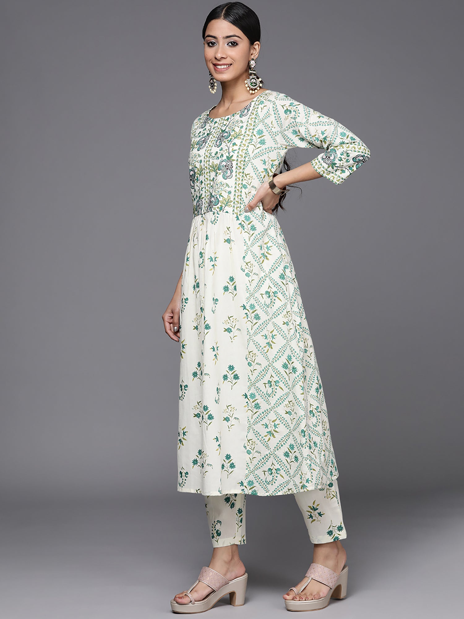 Off White Printed A-Line Kurta Trousers With Dupatta Set