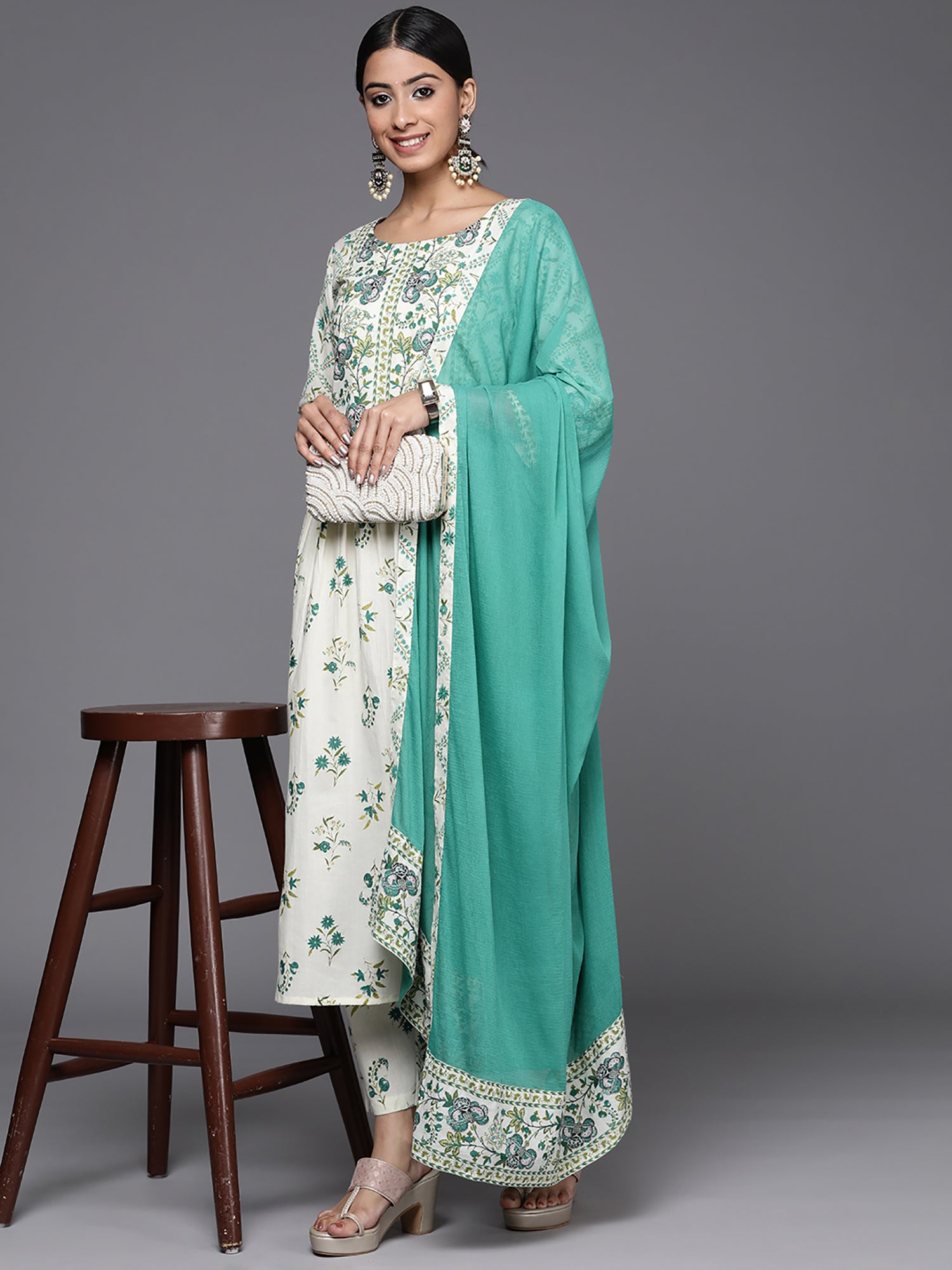 Off White Printed A-Line Kurta Trousers With Dupatta Set