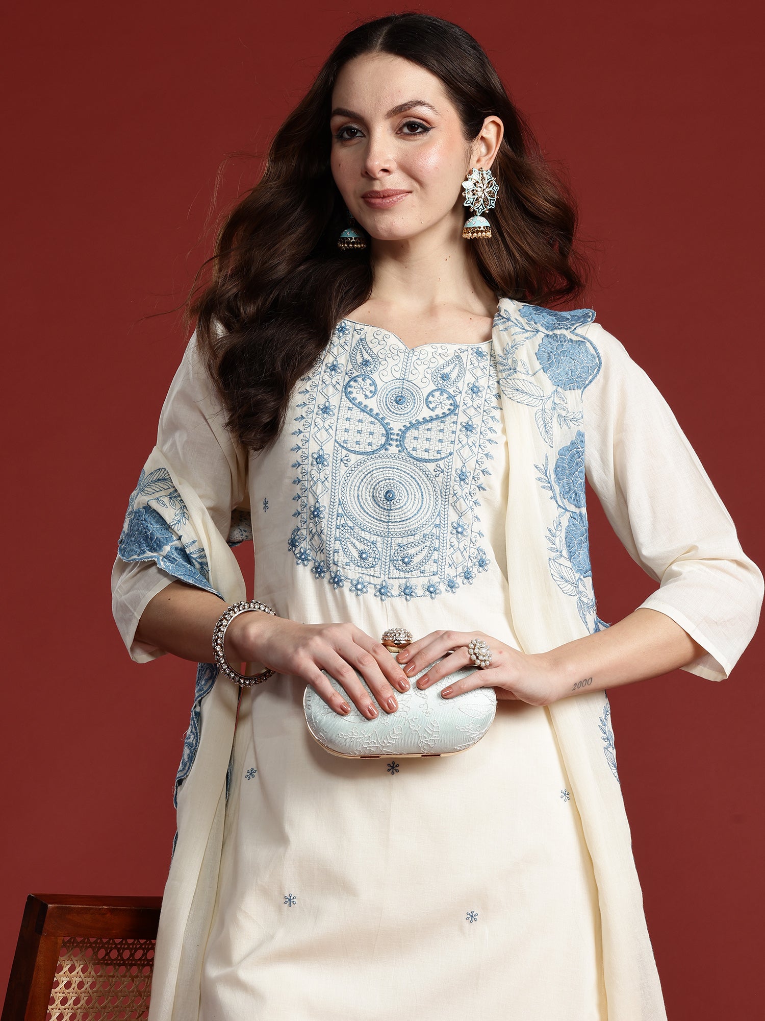 Indo Era Off White Embroidered Straight Kurta Trousers With Dupatta Set- IE