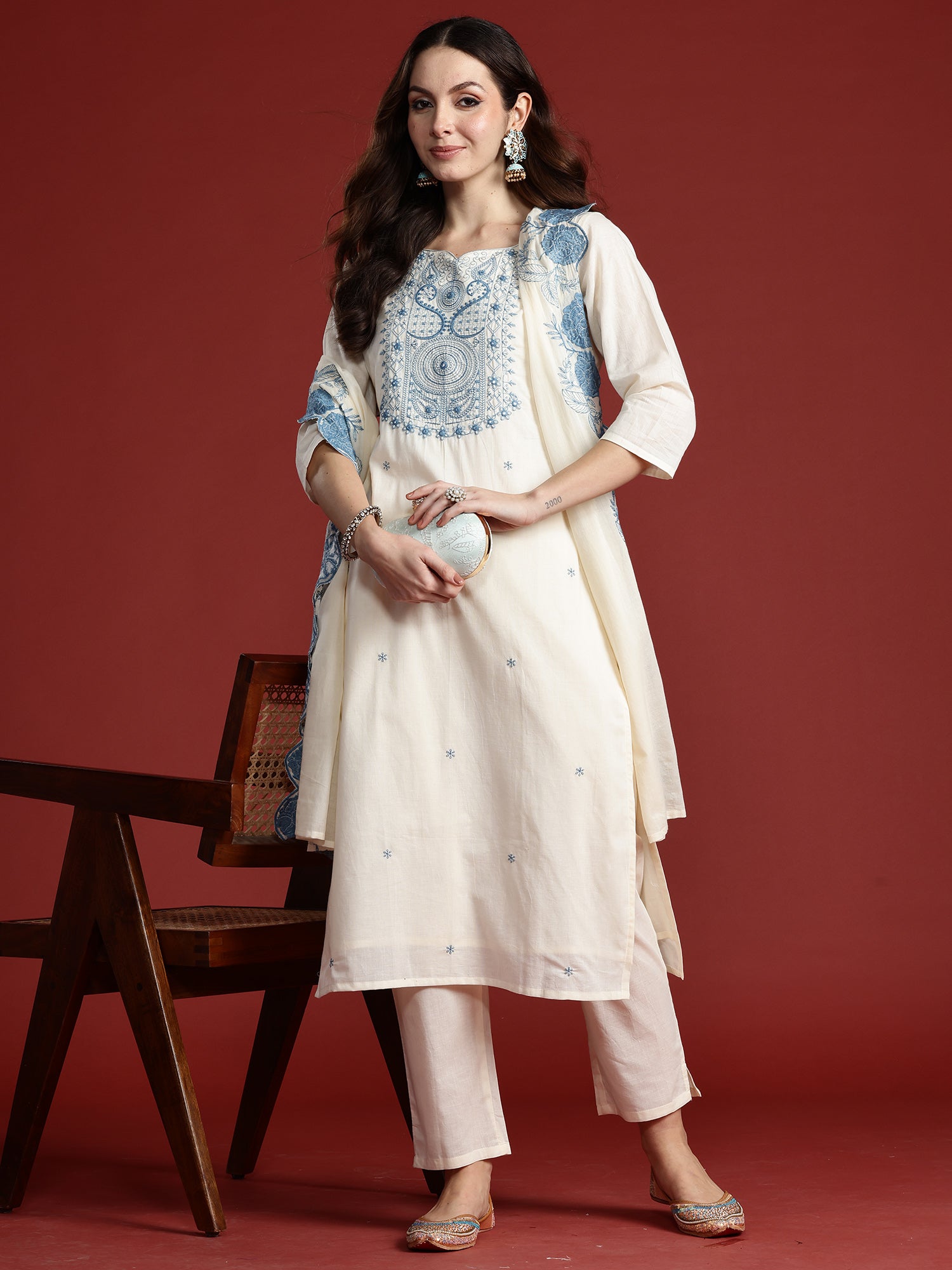 Indo Era Off White Embroidered Straight Kurta Trousers With Dupatta Set- IE