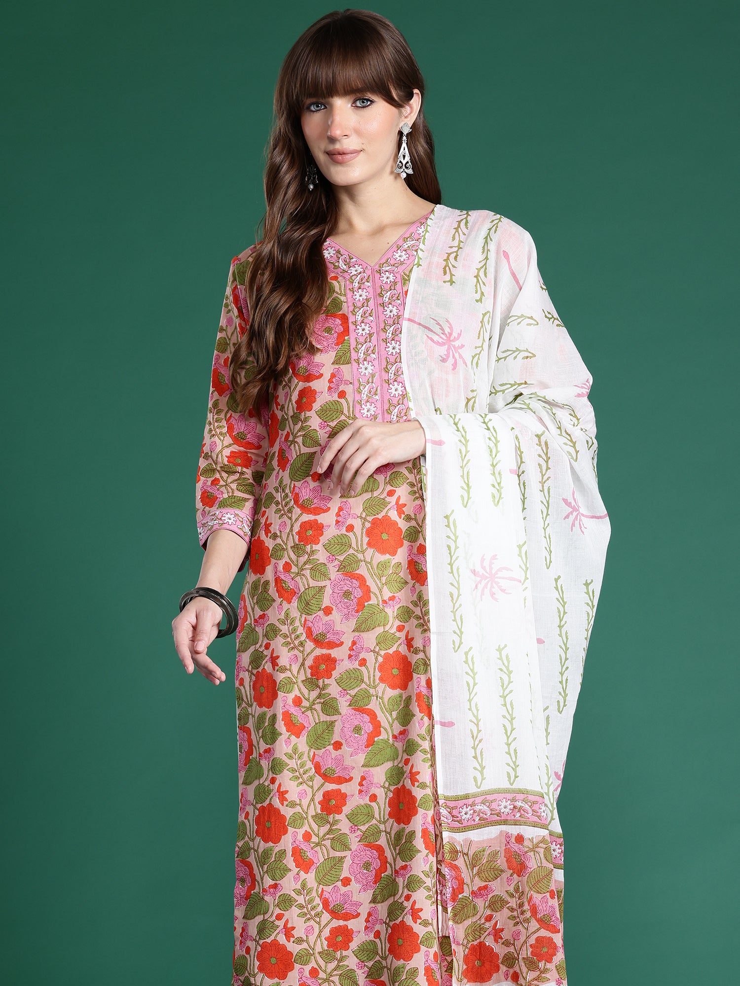Indo Era Pink Printed Straight Kurta Salwar With Dupatta Set- IE