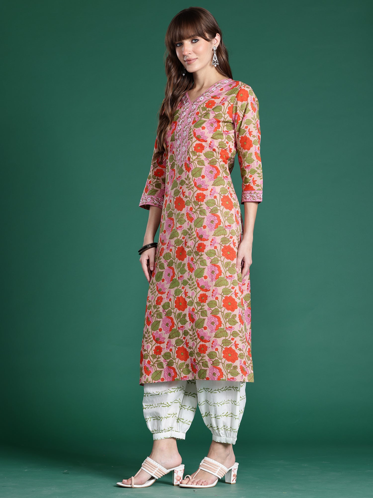 Indo Era Pink Printed Straight Kurta Salwar With Dupatta Set- IE
