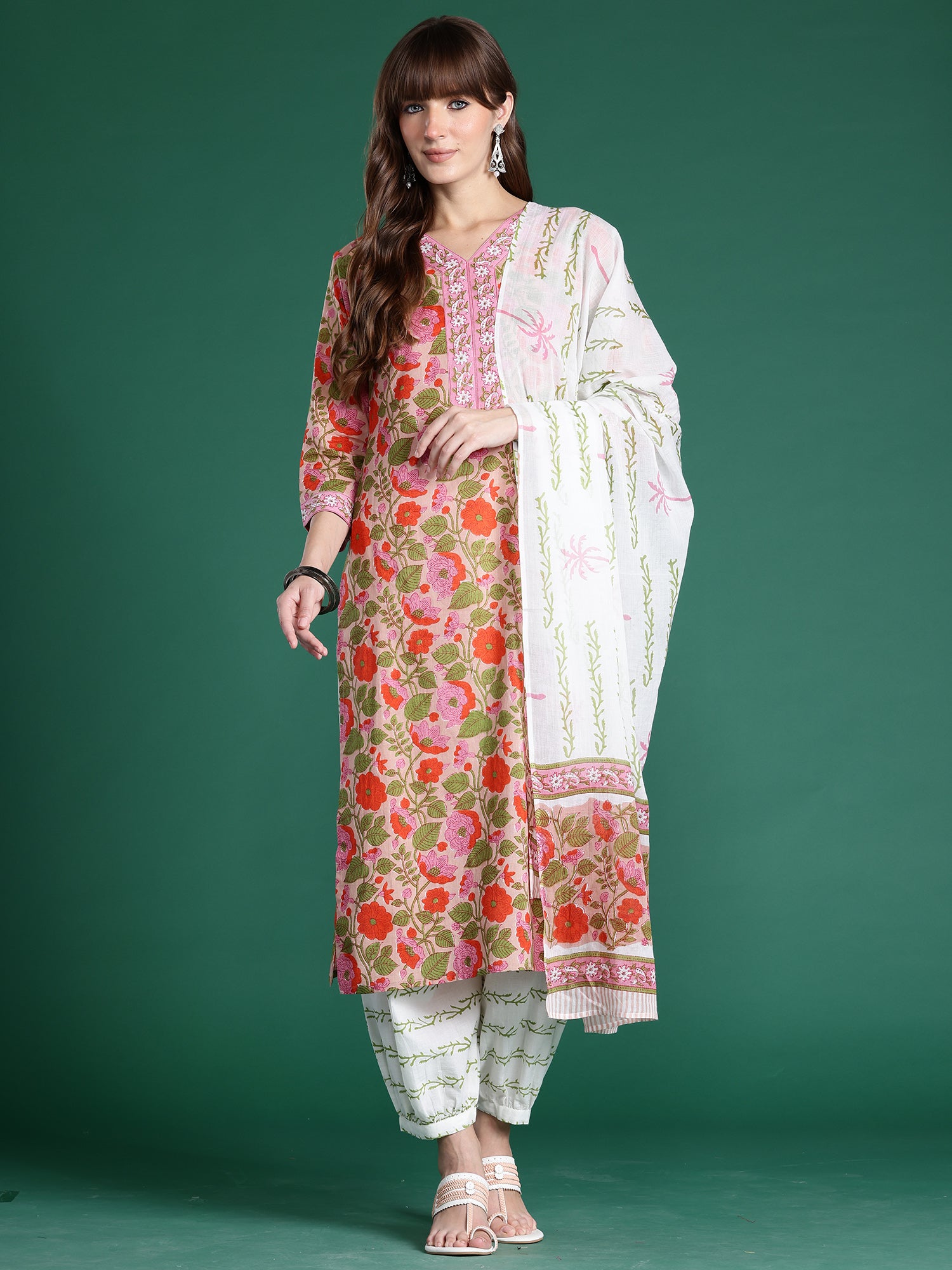 Indo Era Pink Printed Straight Kurta Salwar With Dupatta Set- IE