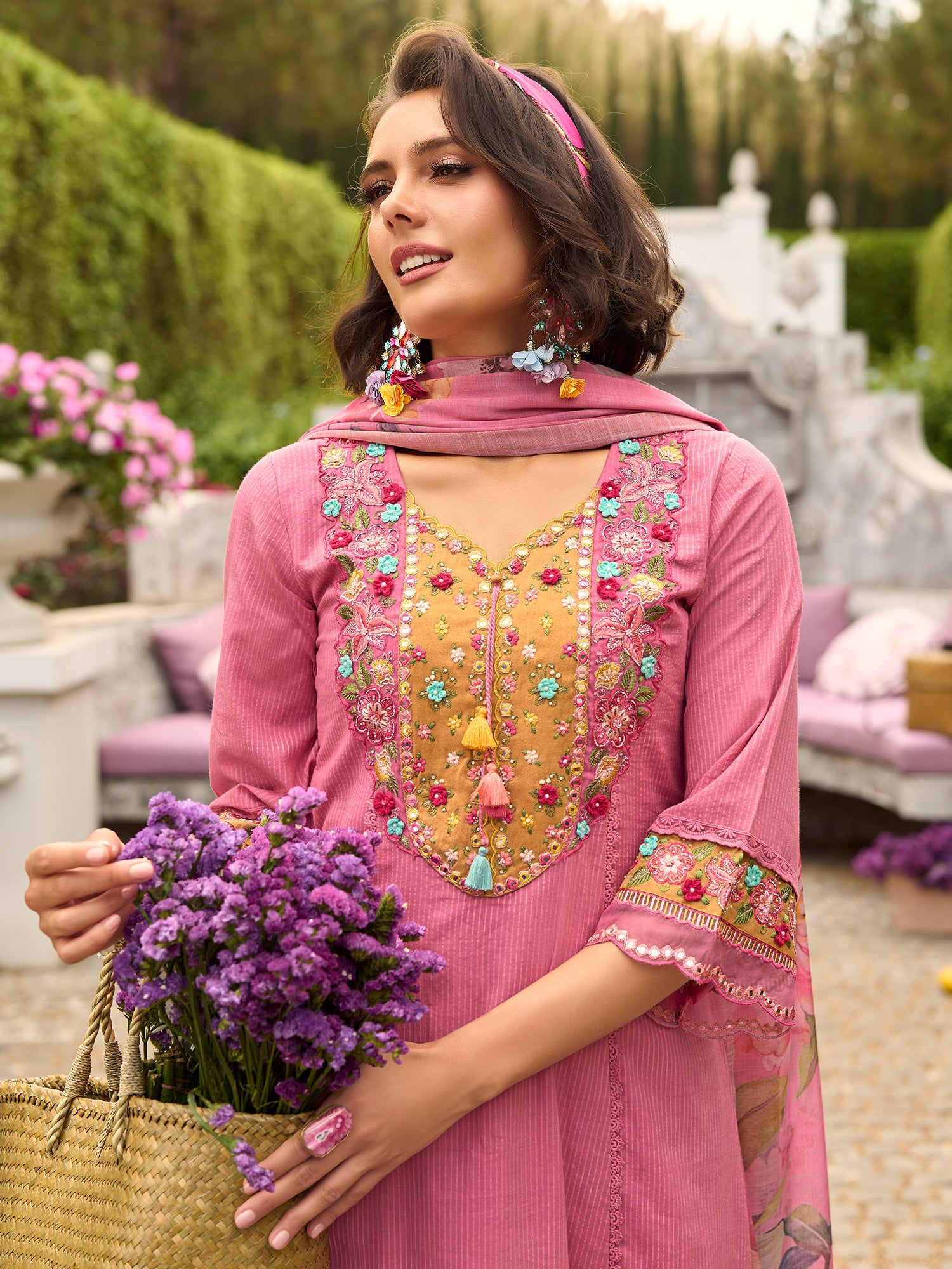 Indo Era Pink Embroidered Anarkali Kurta Trousers With Dupatta Set- IE