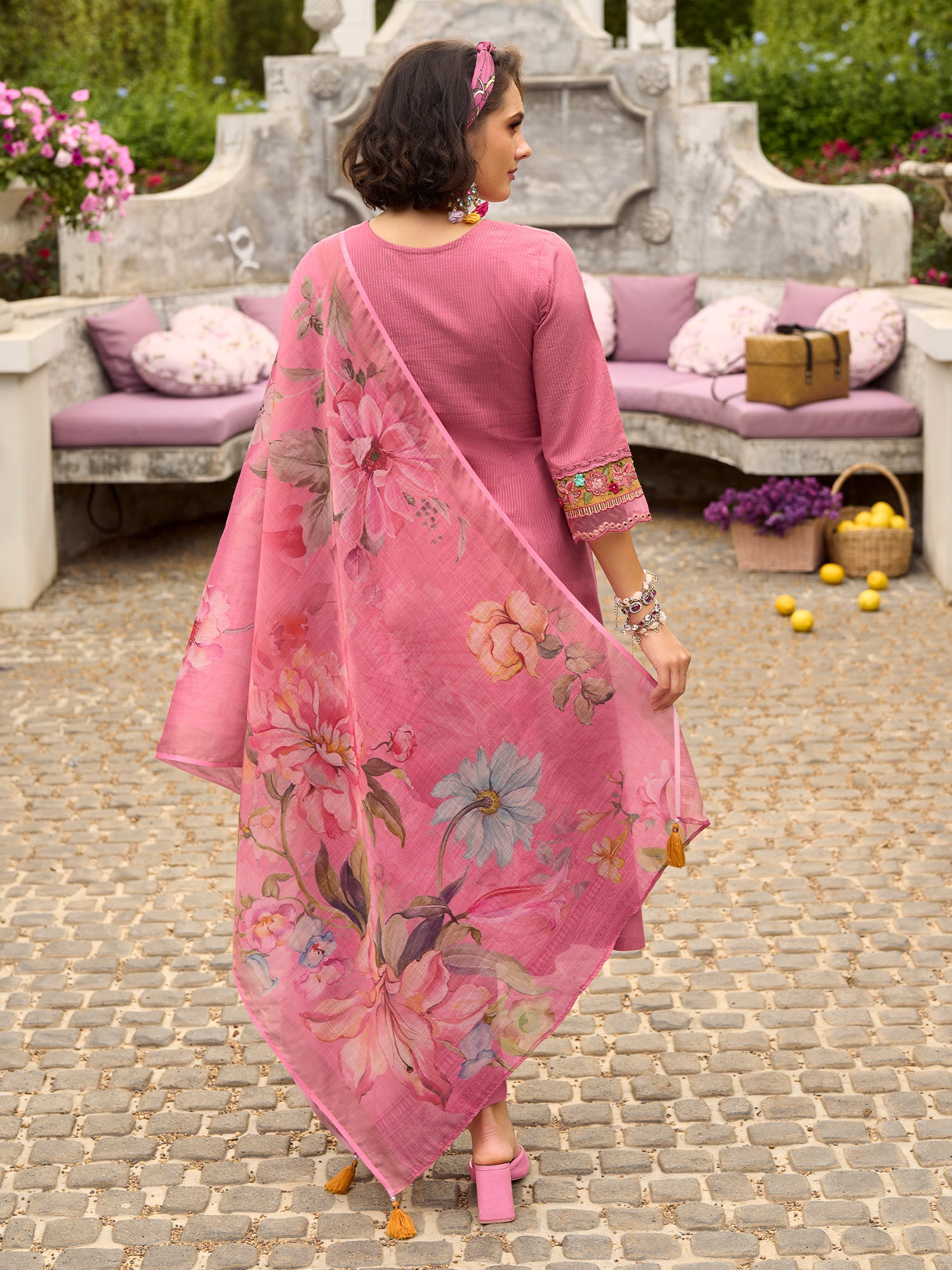 Indo Era Pink Embroidered Anarkali Kurta Trousers With Dupatta Set- IE