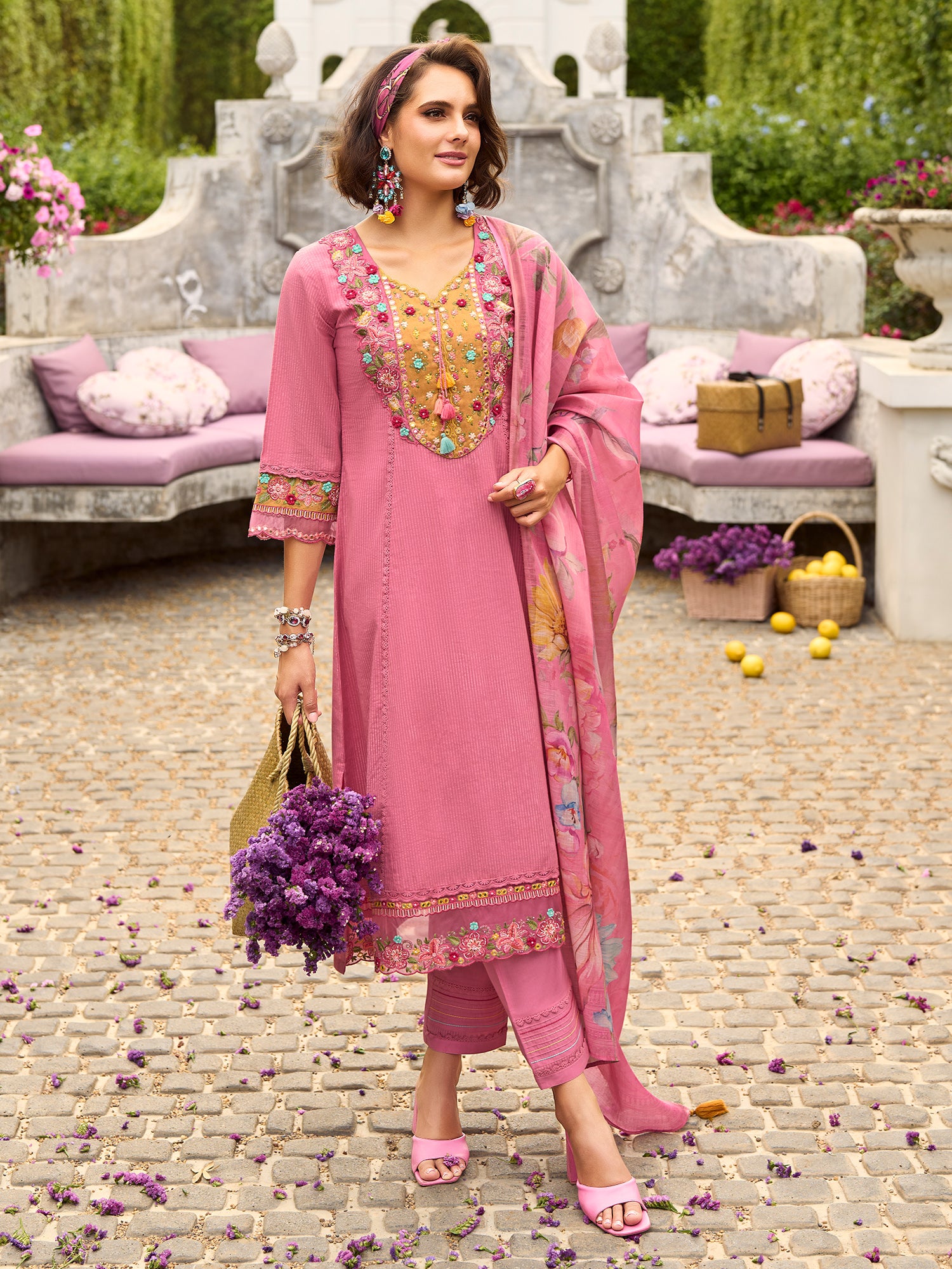 Indo Era Pink Embroidered Anarkali Kurta Trousers With Dupatta Set- IE