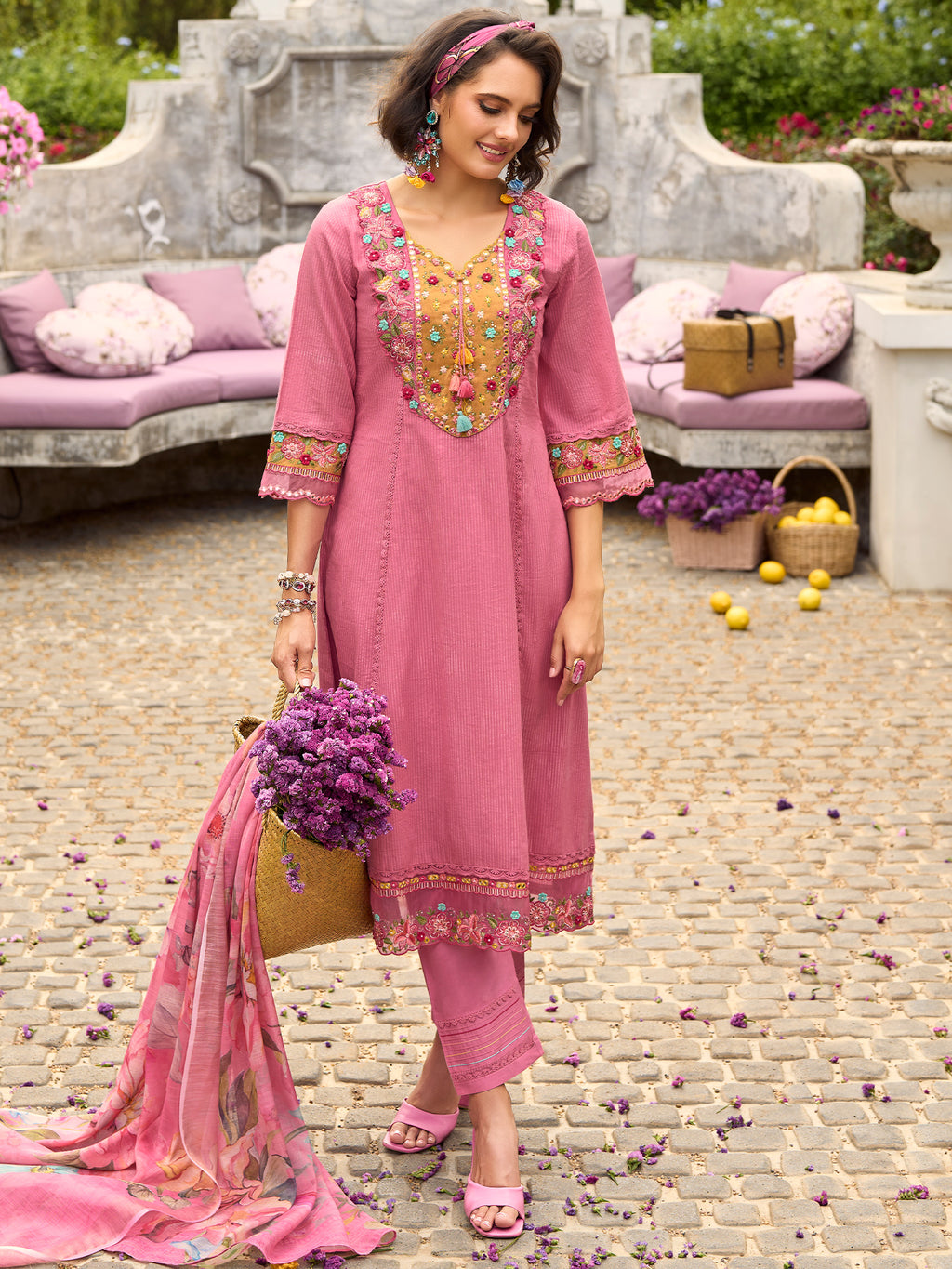Indo Era Pink Embroidered Anarkali Kurta Trousers With Dupatta Set- IE