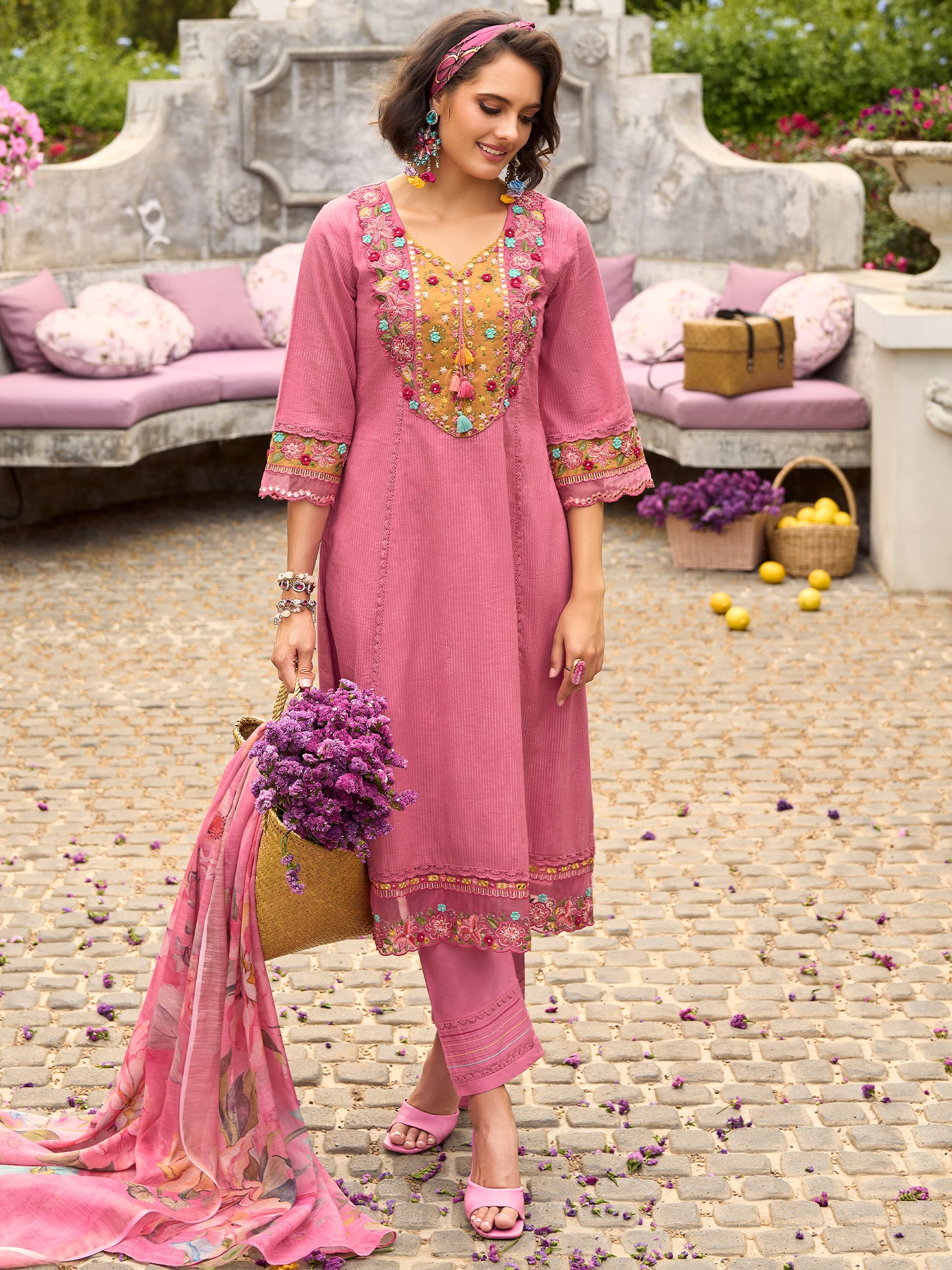Indo Era Pink Embroidered Anarkali Kurta Trousers With Dupatta Set- IE