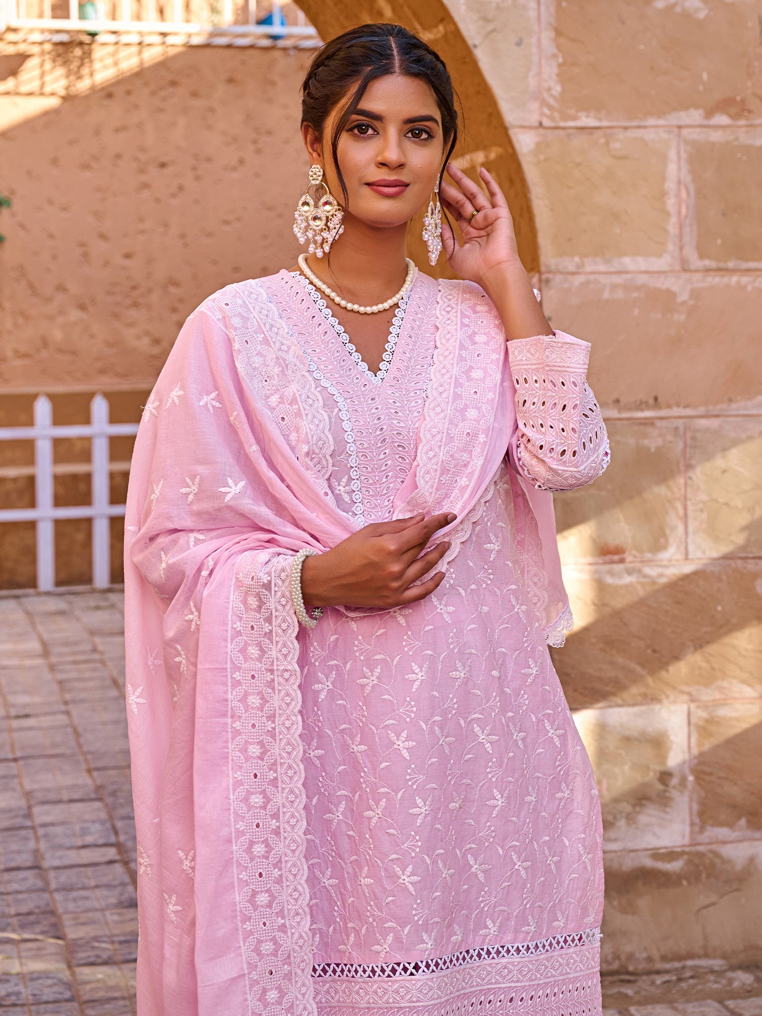 Indo Era Pink Embroidered Straight Kurta Trousers With Dupatta set- IE