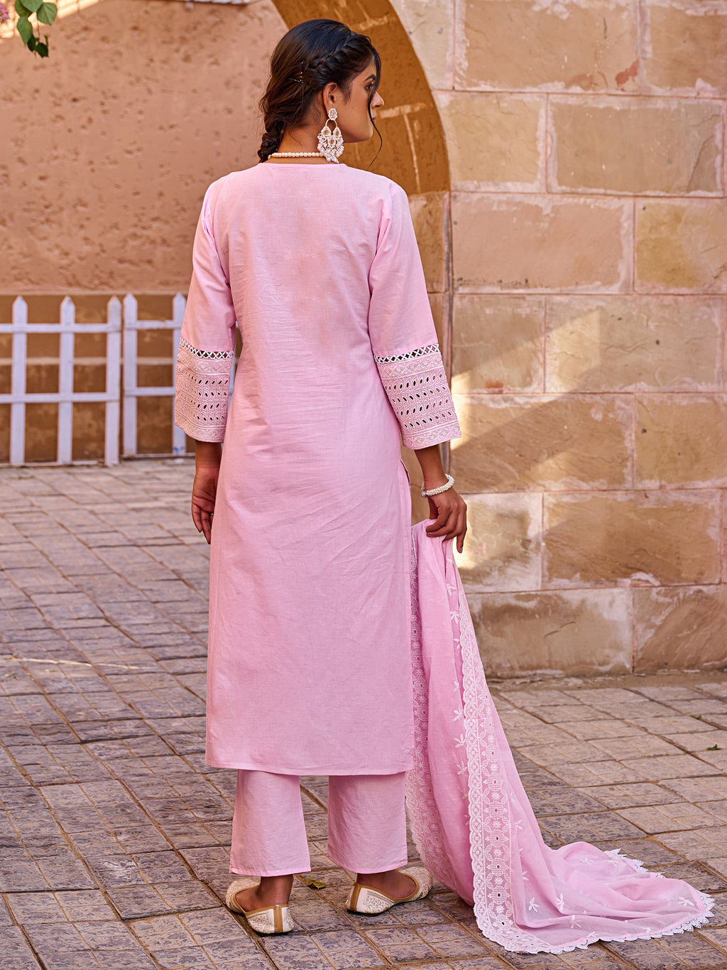 Indo Era Pink Embroidered Straight Kurta Trousers With Dupatta set- IE