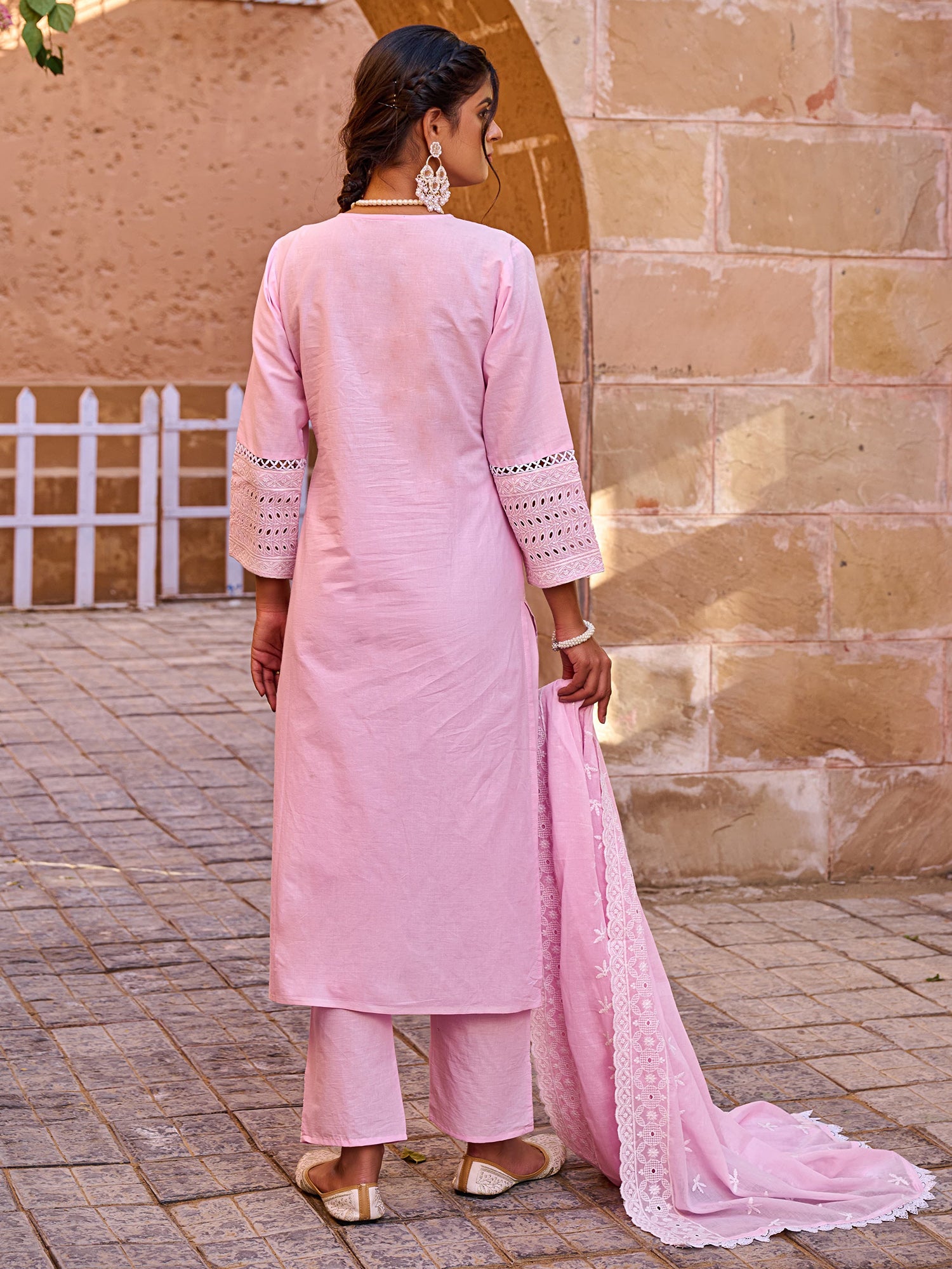 Indo Era Pink Embroidered Straight Kurta Trousers With Dupatta set- IE