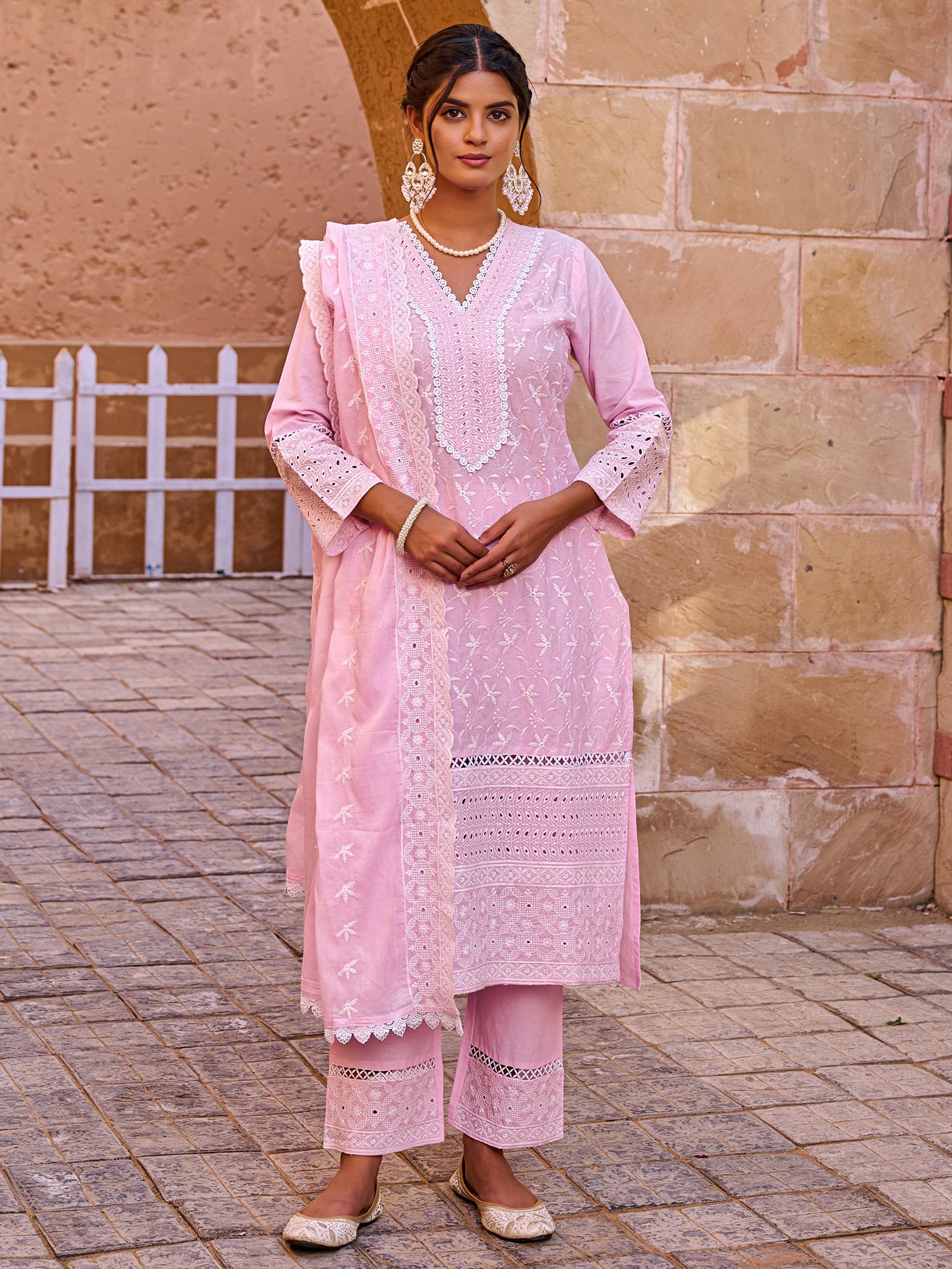 Indo Era Pink Embroidered Straight Kurta Trousers With Dupatta set- IE