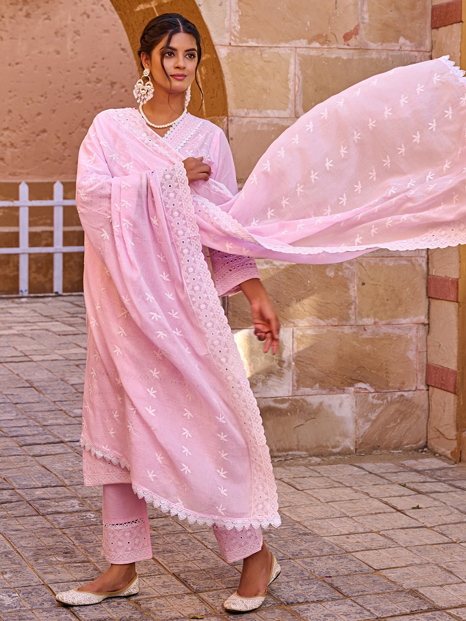 Indo Era Pink Embroidered Straight Kurta Trousers With Dupatta set- IE