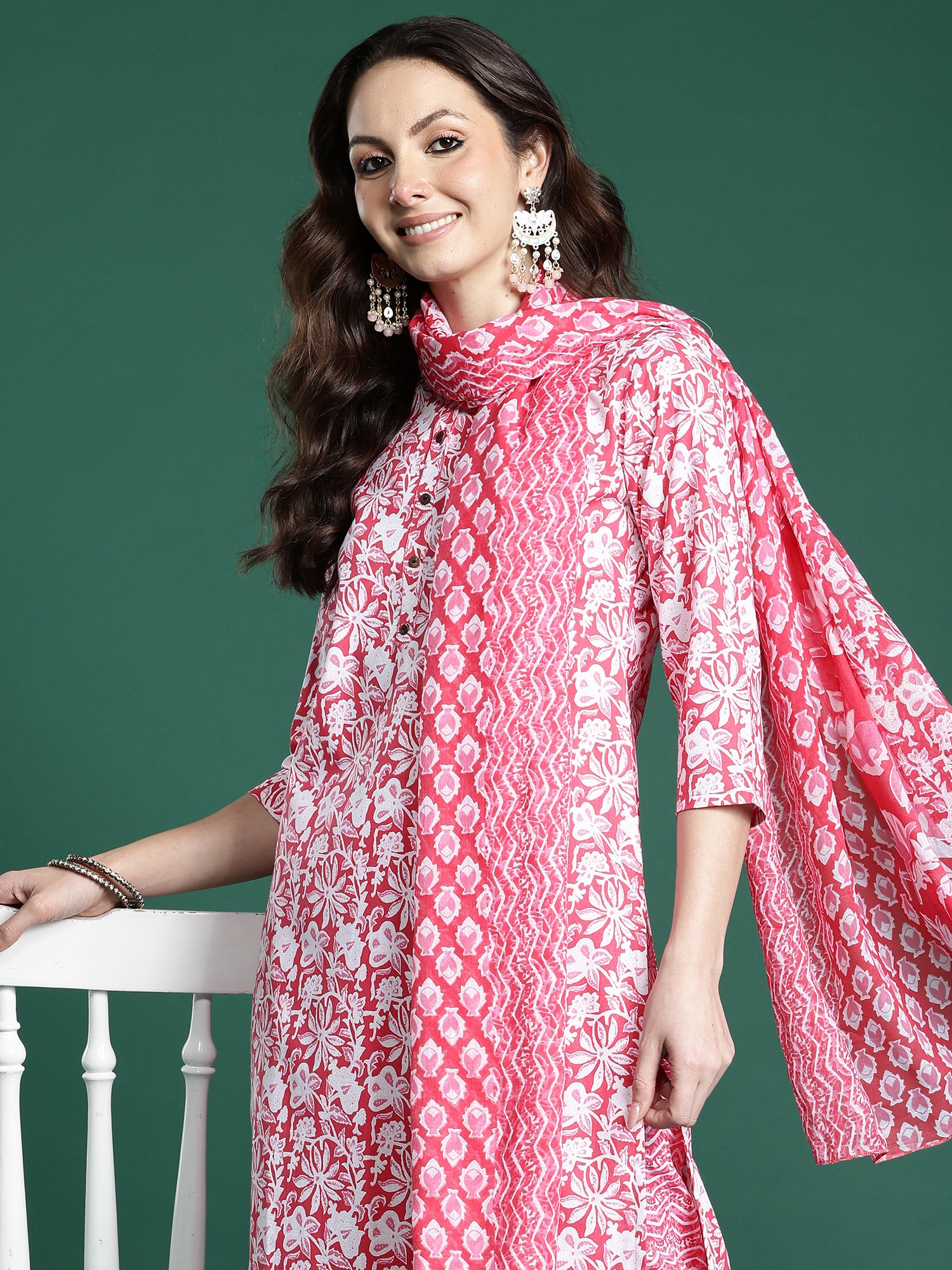 Indo Era Pink Printed Straight Kurta Trousers With Dupatta set- IE