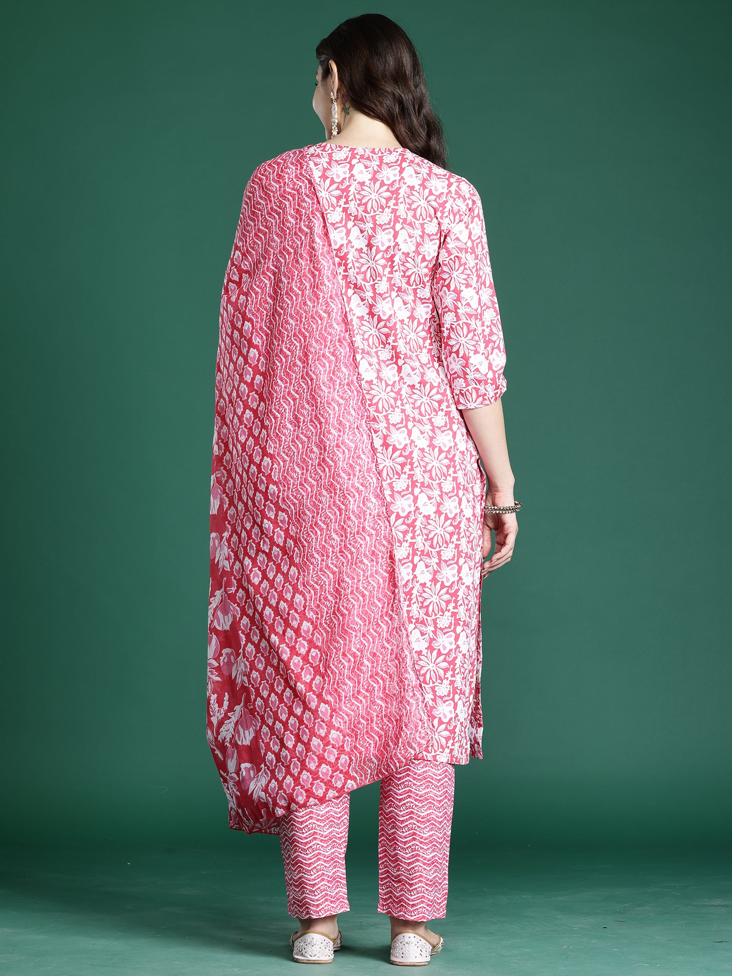 Indo Era Pink Printed Straight Kurta Trousers With Dupatta set- IE