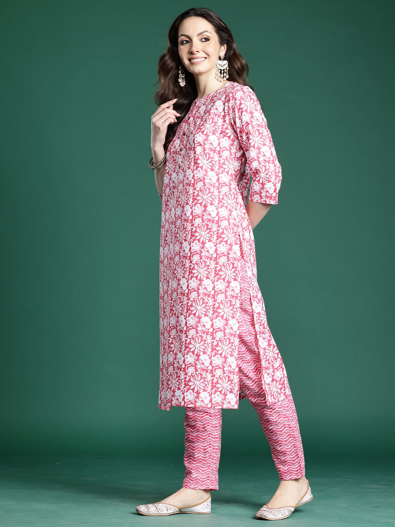 Indo Era Pink Printed Straight Kurta Trousers With Dupatta set- IE