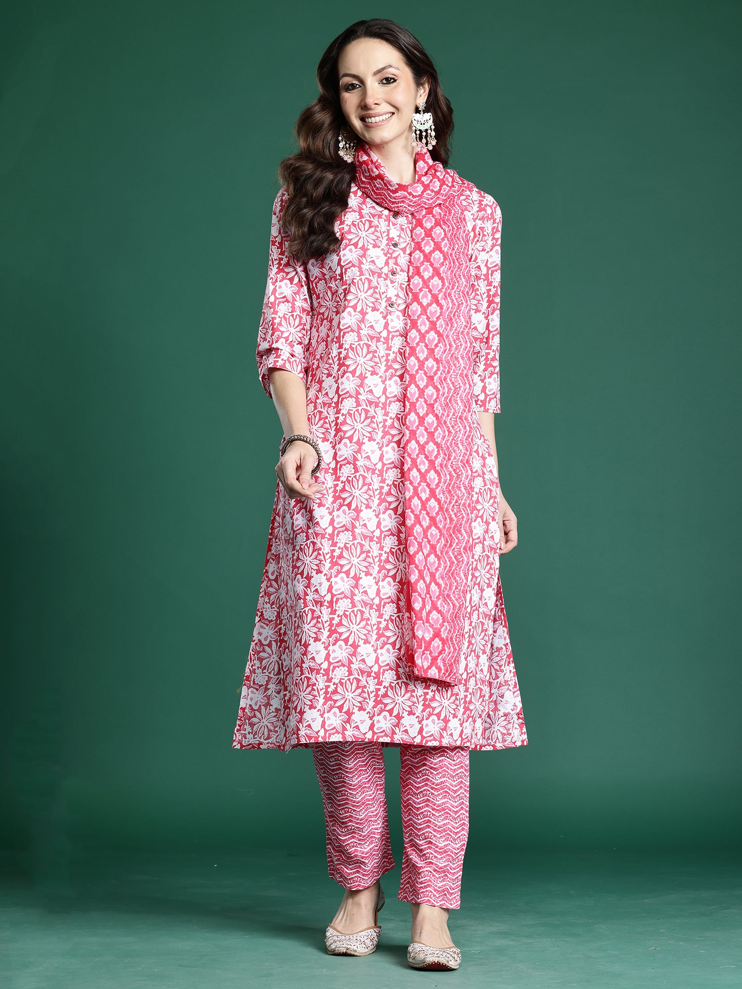 Indo Era Pink Printed Straight Kurta Trousers With Dupatta set- IE